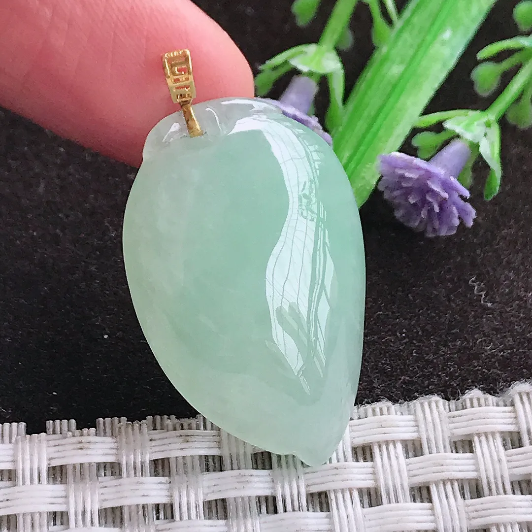 天然a货翡翠31/19.8/9.8老坑18k金镶嵌冰胶水灵冰晴绿桃子吊坠天然翡翠寿桃挂件