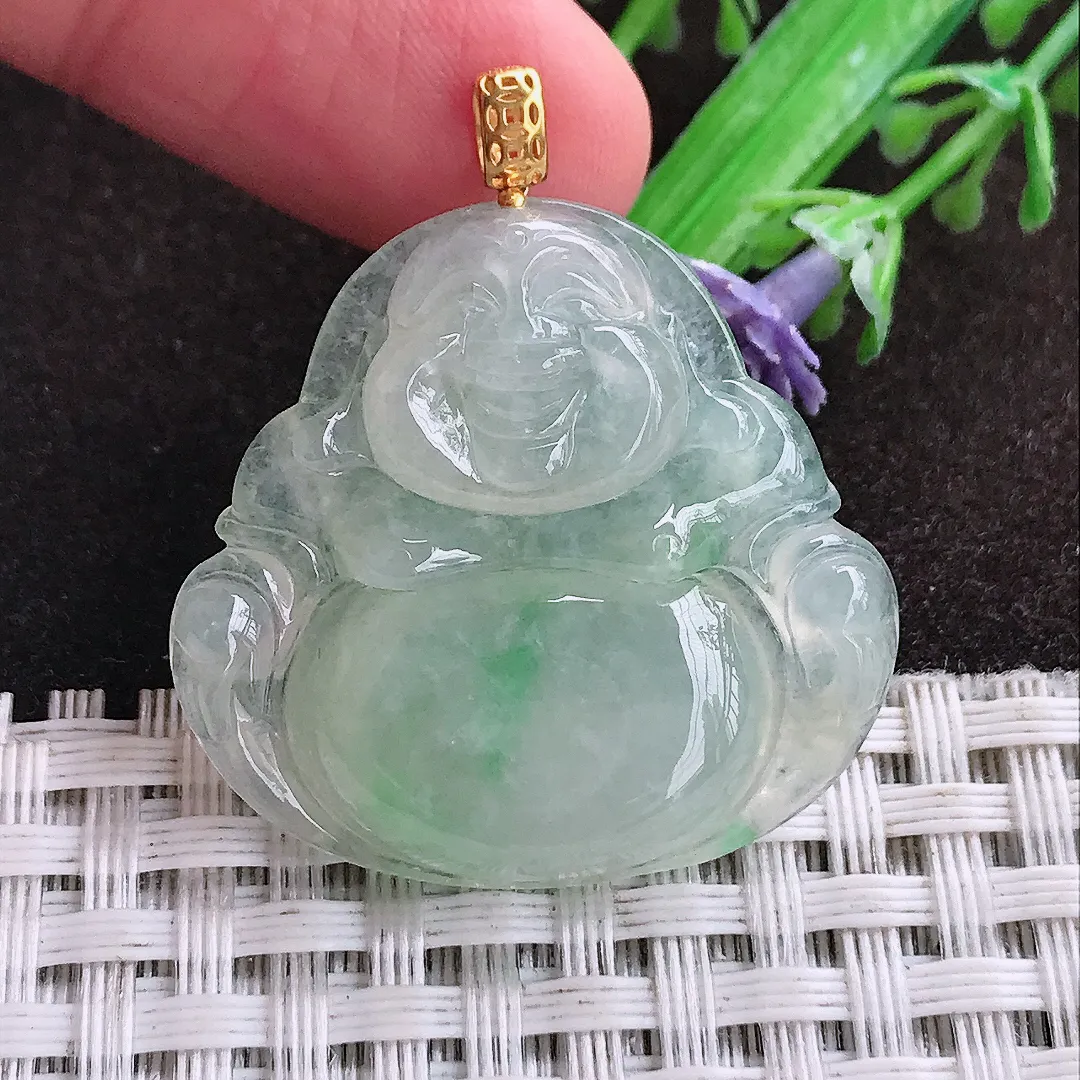 天然a货翡翠30/31.8/5.7老坑18k金镶嵌冰胶水灵飘绿佛公吊坠天然翡翠玉坠挂件