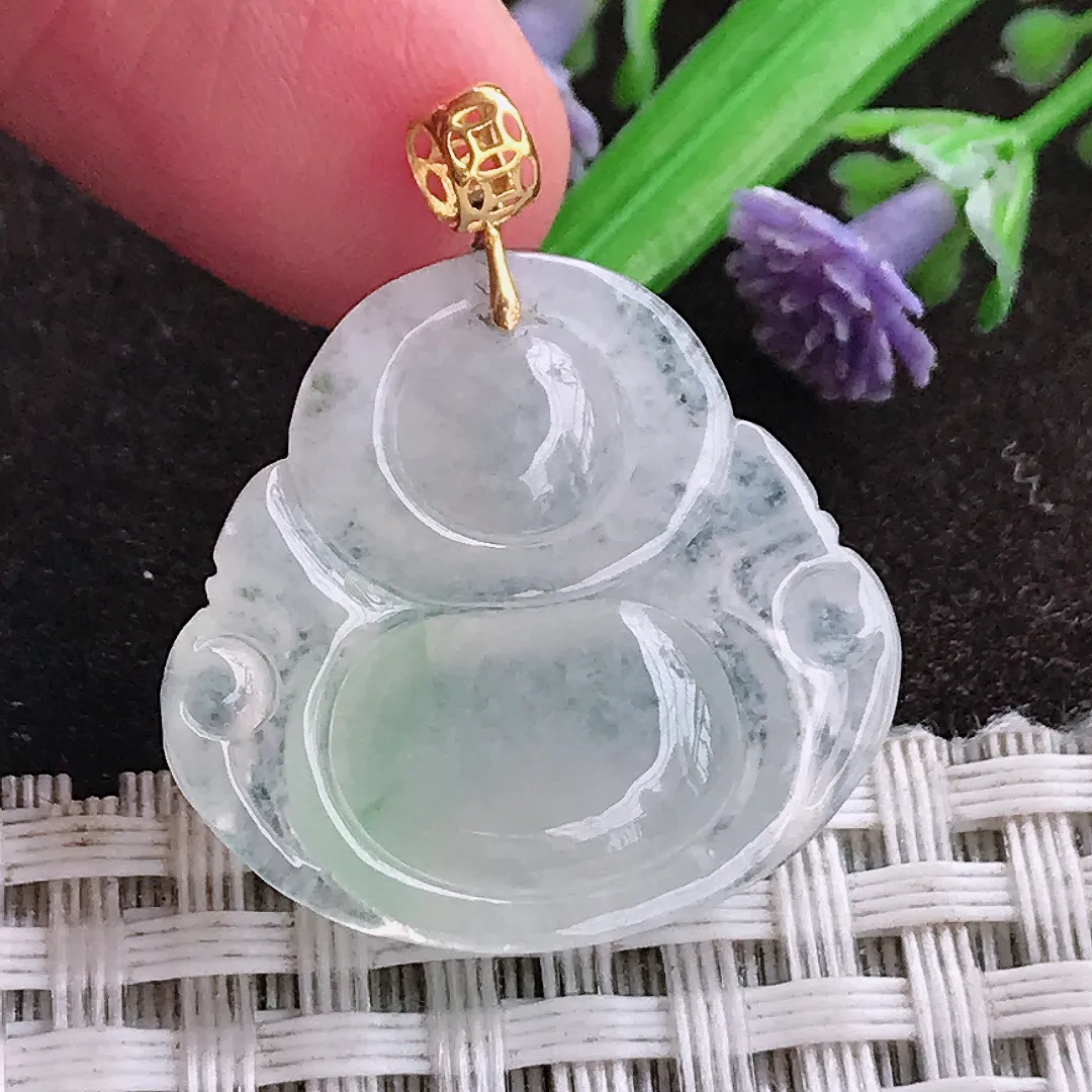 天然a货翡翠23.5/25.2/5.6老坑18k金镶嵌冰种佛公吊坠天然翡翠玉佛挂件