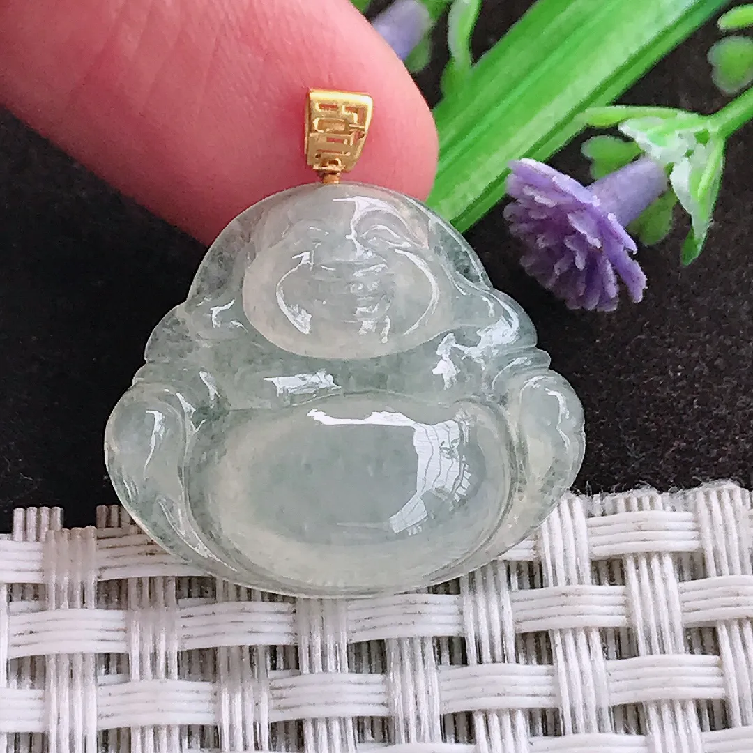 天然a货翡翠20.8/24/5.7老坑18k金镶嵌冰透起胶佛公吊坠天然翡翠玉佛挂件