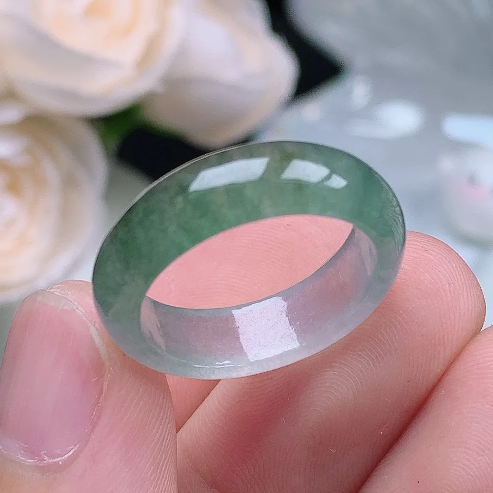 缅甸老坑冰种翡翠水润起胶晴底半山水戒指玉指环  水润通透 尺寸：17.8-6.1-3.2mm 16号圈口6S