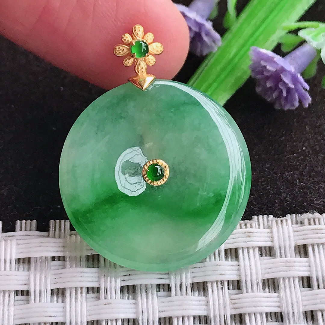 天然a货翡翠22.6/3.7老坑18k金镶嵌冰胶辣阳绿平安扣吊坠天然翡翠玉扣挂件