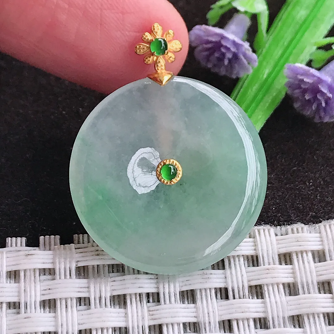 天然a货翡翠24/3.7老坑18k金镶嵌冰透起胶冰晴绿平安扣吊坠天然翡翠玉坠挂件