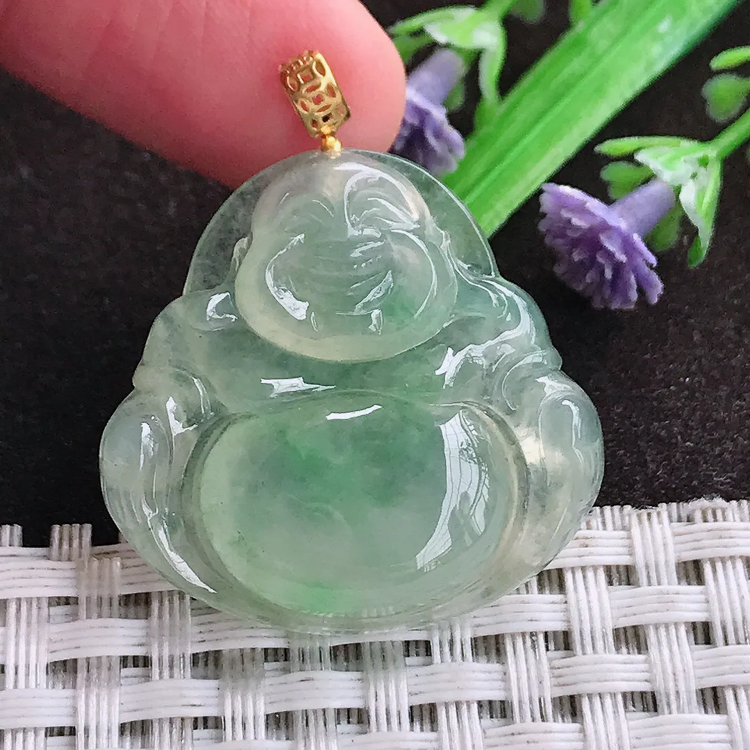 天然a货翡翠28.6/29.5/6老坑18k金镶嵌冰种甜绿佛公吊坠天然翡翠玉坠挂件