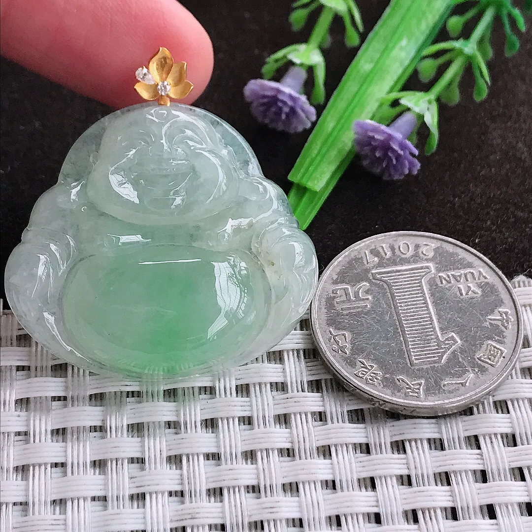 天然a货翡翠32.3/35.5/6.9老坑18k金镶嵌冰润冰晴绿佛公吊坠天然翡翠玉坠挂件