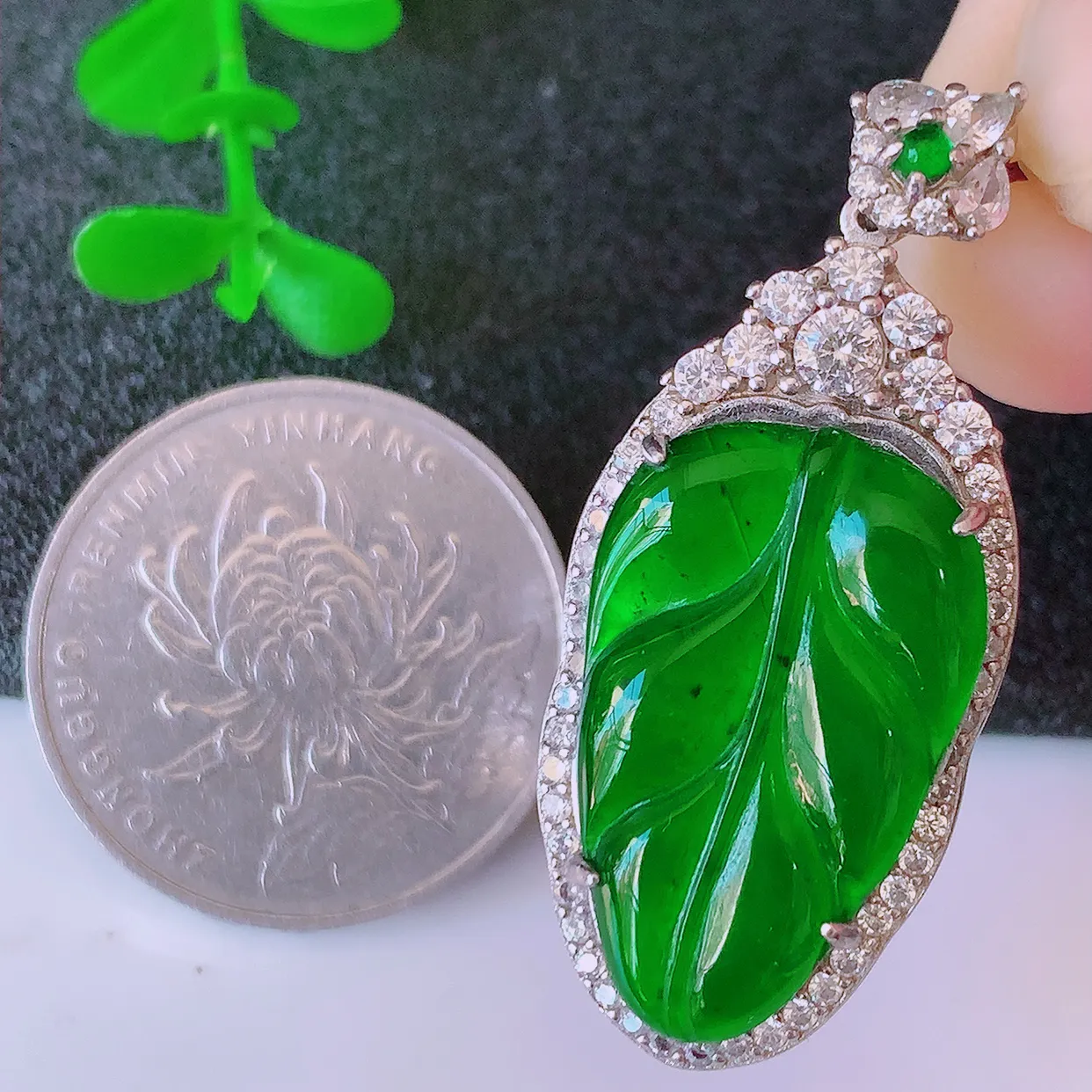 冰透满绿翡翠925银镶嵌叶子吊坠，自然光实拍，翠色灵动，颜色漂亮，种老水足，品相佳，佩戴佳品！#97.15整体40-16.8-7.8裸石23.5*14.5