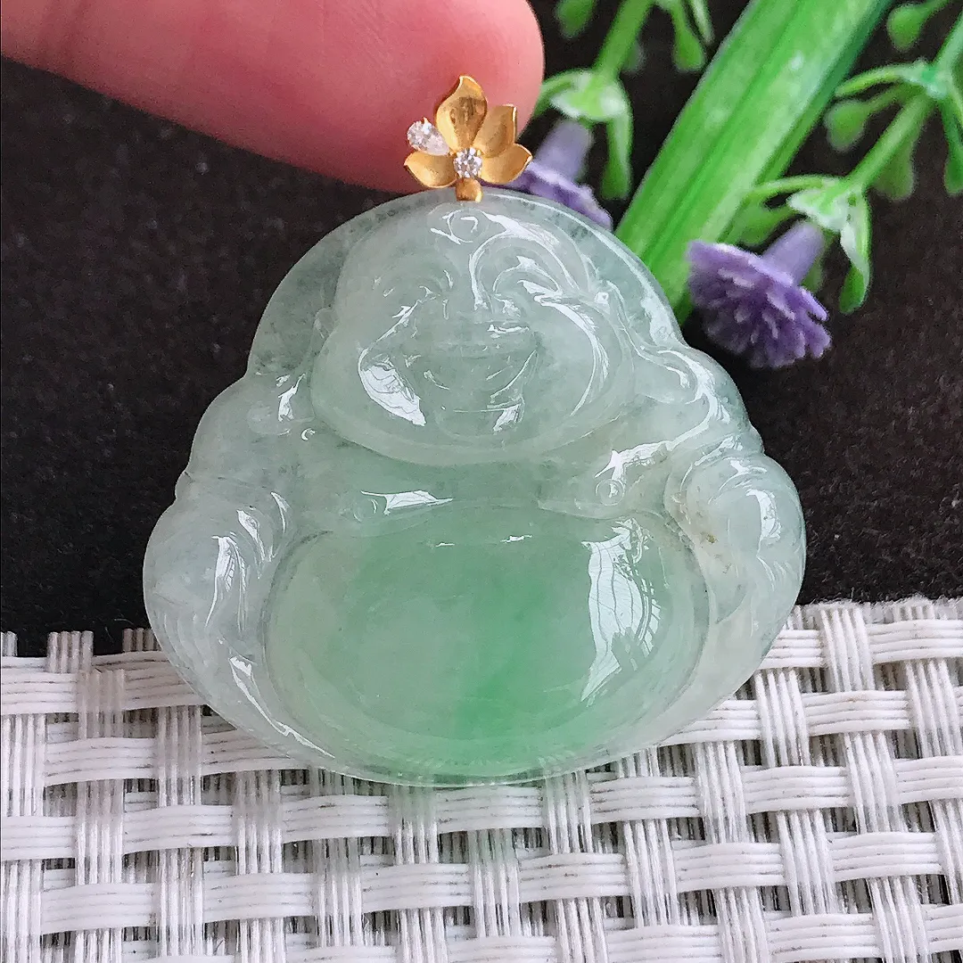 天然a货翡翠32.3/35.5/6.9老坑18k金镶嵌冰润冰晴绿佛公吊坠天然翡翠玉坠挂件