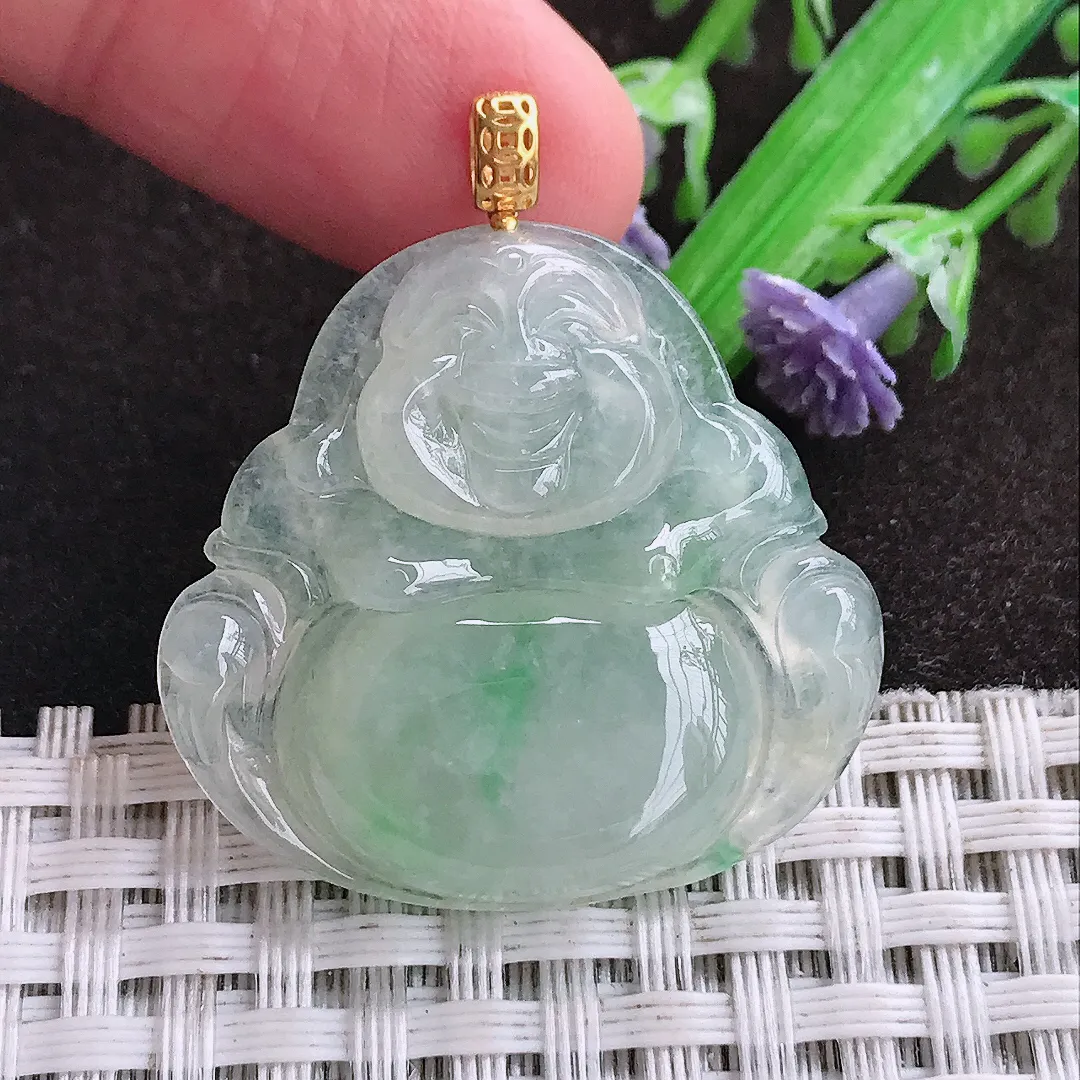 天然a货翡翠30/31.8/5.7老坑18k金镶嵌冰胶水灵飘绿佛公吊坠天然翡翠玉坠挂件
