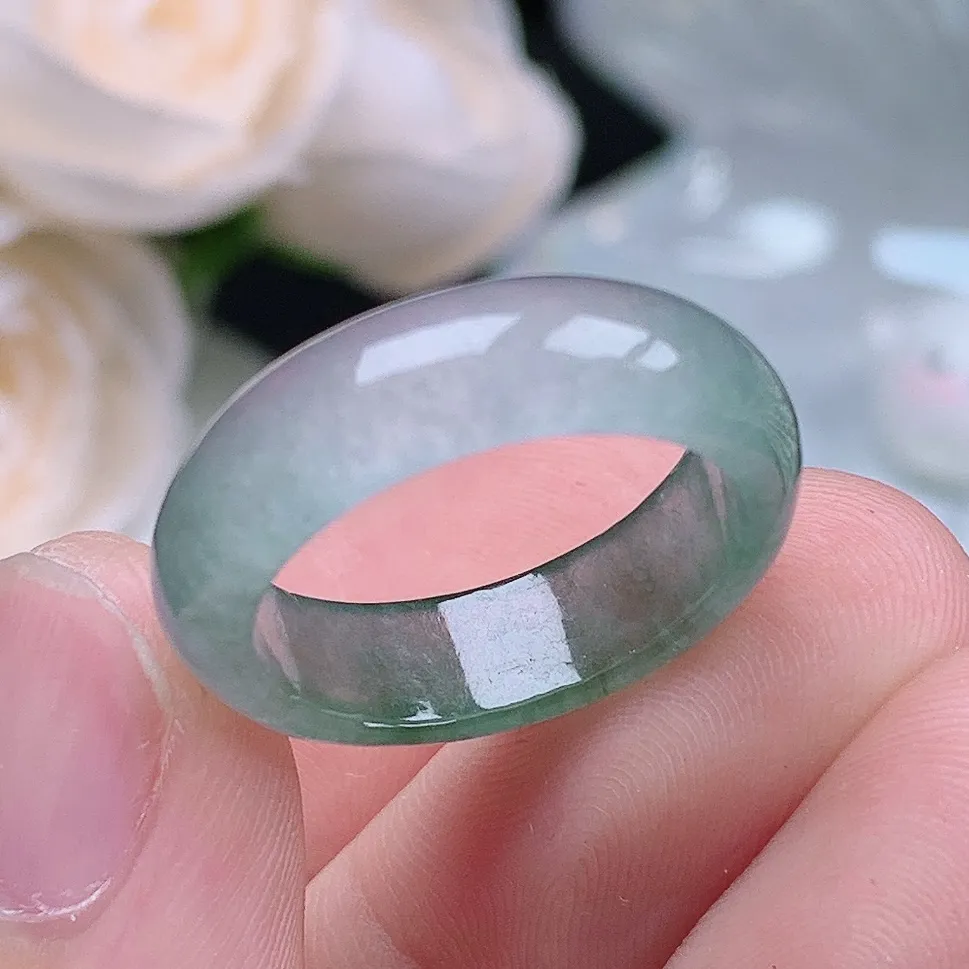 缅甸老坑冰种翡翠水润起胶晴底半山水戒指玉指环  水润通透 尺寸：17.8-6.1-3.2mm 16号圈口6S
