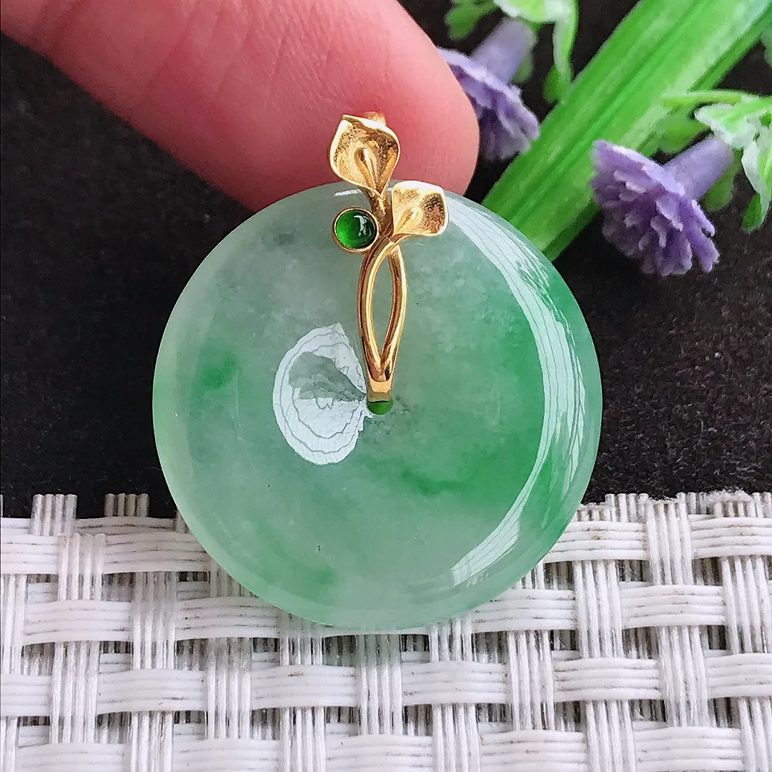 天然a货翡翠24.7/4.2老坑18k金镶嵌冰胶飘阳绿平安扣吊坠天然翡翠玉坠挂件