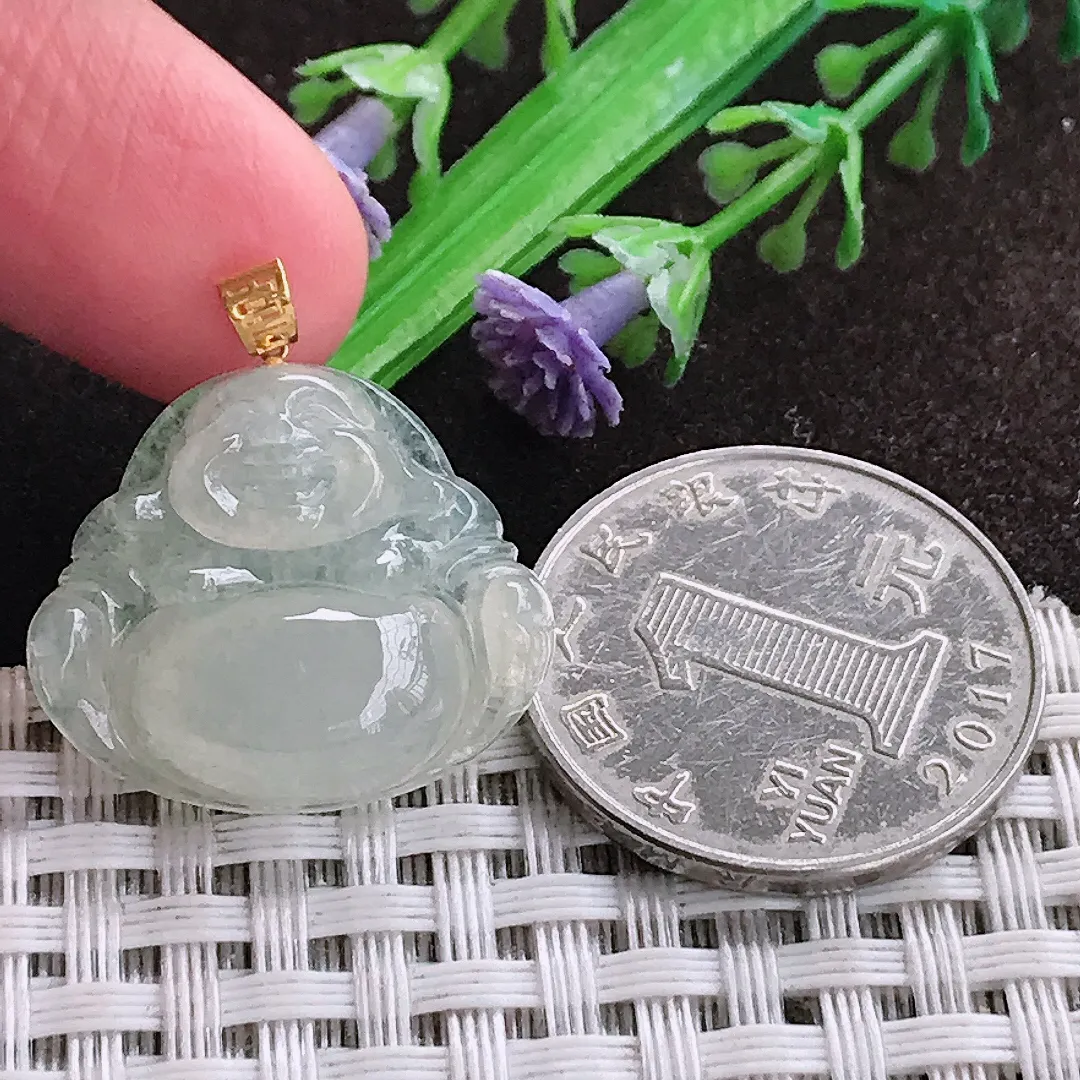 天然a货翡翠20.8/24/5.7老坑18k金镶嵌冰透起胶佛公吊坠天然翡翠玉佛挂件