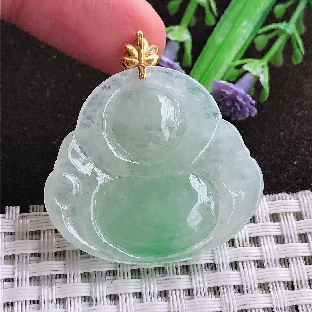 天然a货翡翠32.3/35.5/6.9老坑18k金镶嵌冰润冰晴绿佛公吊坠天然翡翠玉坠挂件