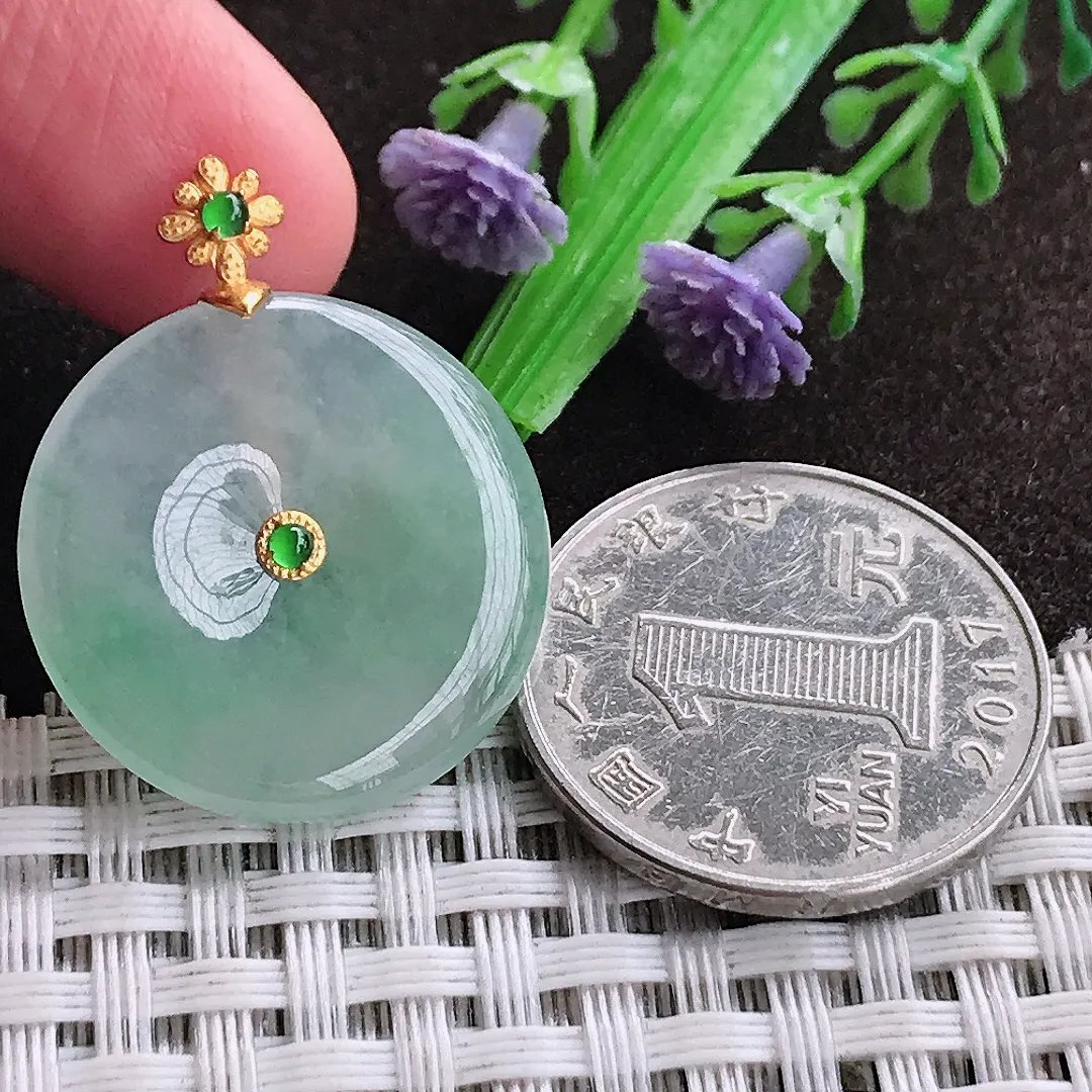天然a货翡翠24/3.7老坑18k金镶嵌冰透起胶冰晴绿平安扣吊坠天然翡翠玉坠挂件