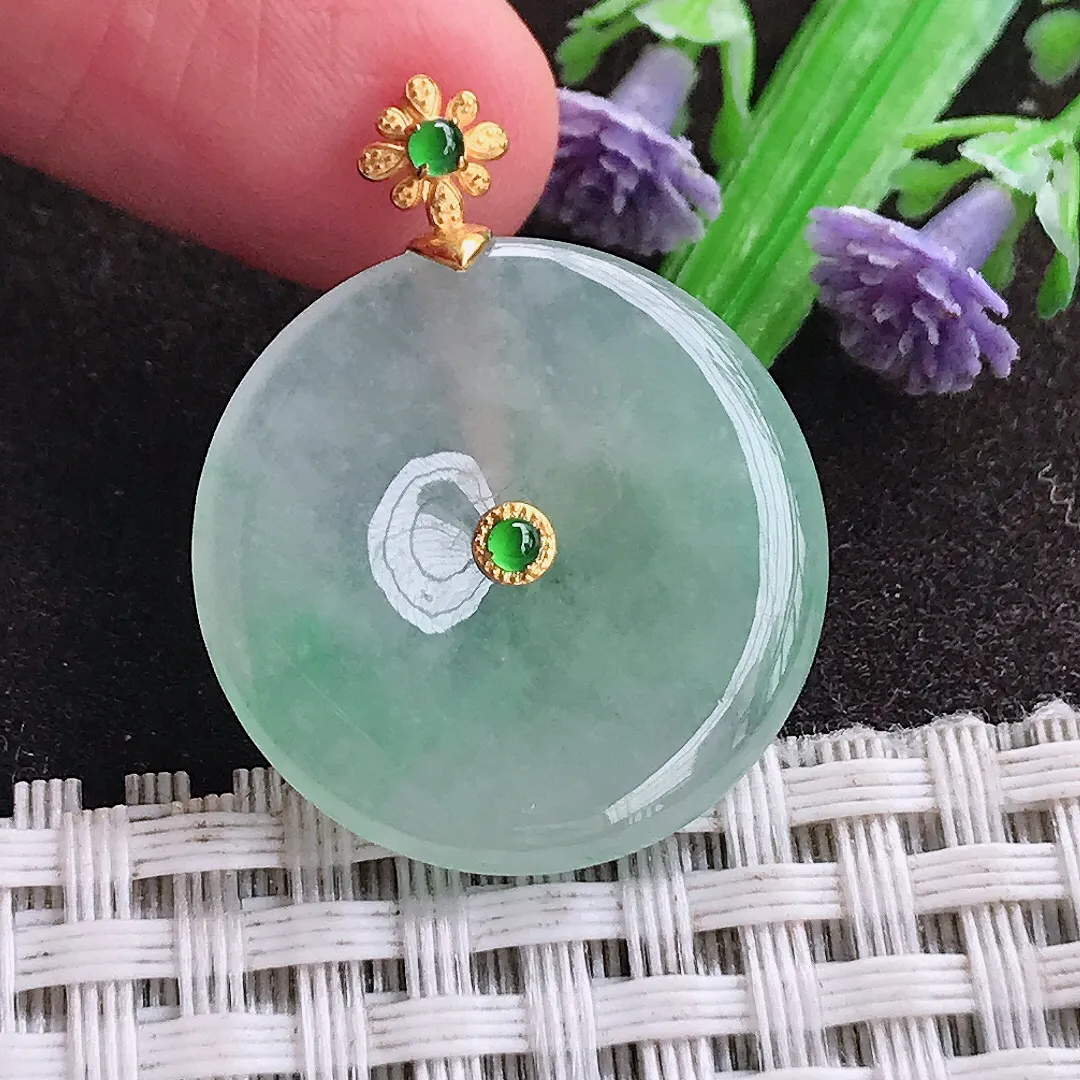 天然a货翡翠24/3.7老坑18k金镶嵌冰透起胶冰晴绿平安扣吊坠天然翡翠玉坠挂件