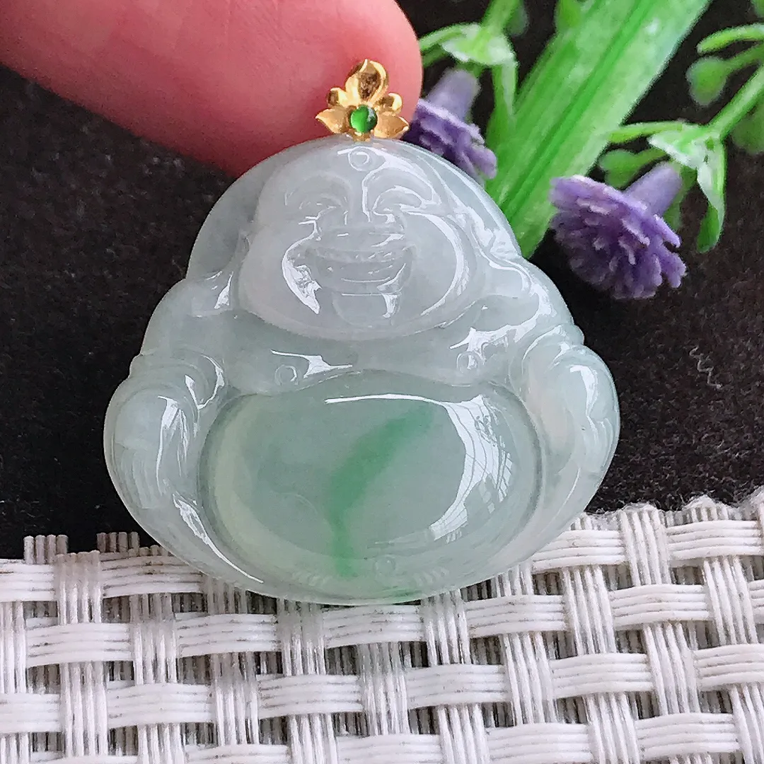 天然a货翡翠27.2/29.8/5.5老坑18k金镶嵌冰润飘花佛公吊坠天然翡翠玉佛挂件