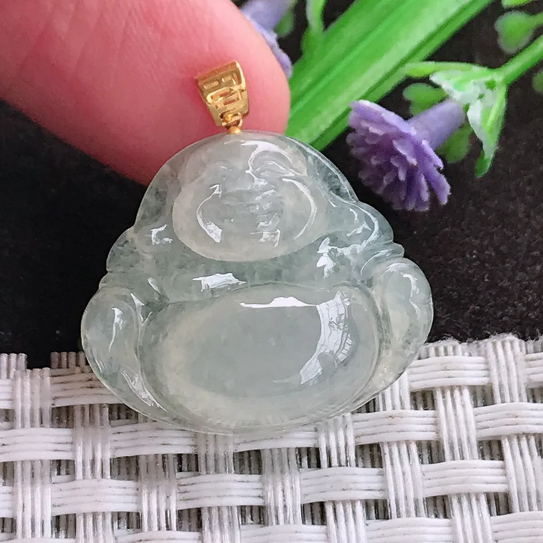 天然a货翡翠20.8/24/5.7老坑18k金镶嵌冰透起胶佛公吊坠天然翡翠玉佛挂件