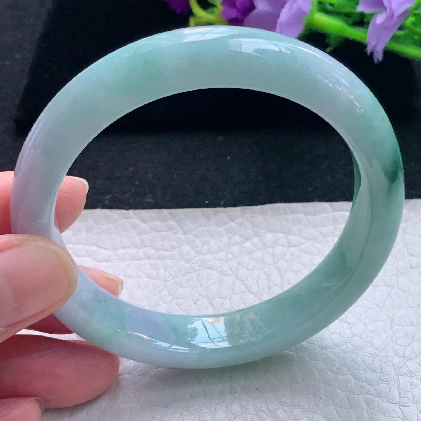 js自然光57.5*12*8.2平安镯 缅甸翡翠玉手镯飘花宽边玉手环