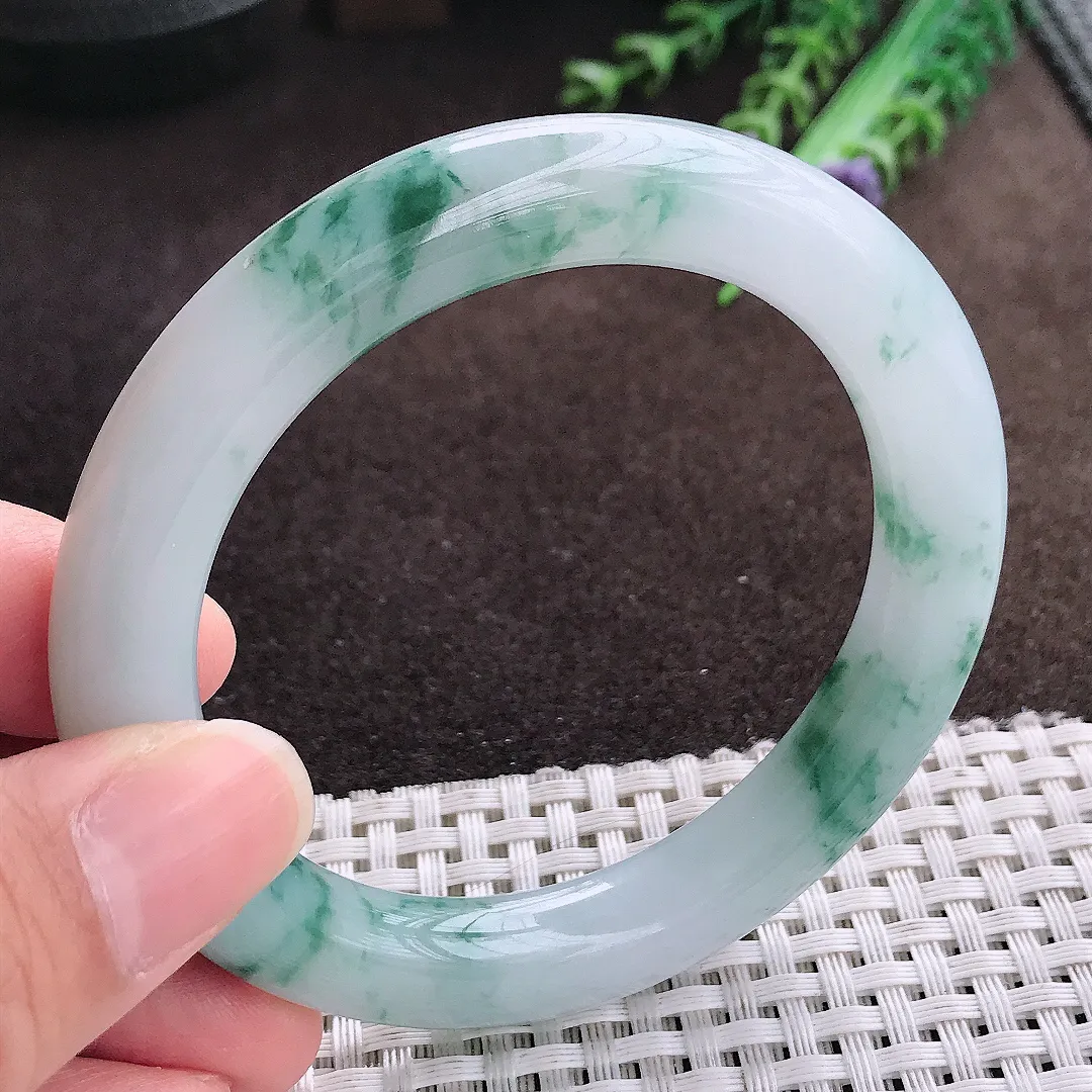 天然a货翡翠55.5/10老坑冰润起胶飘花圆条手镯翡翠玉手镯