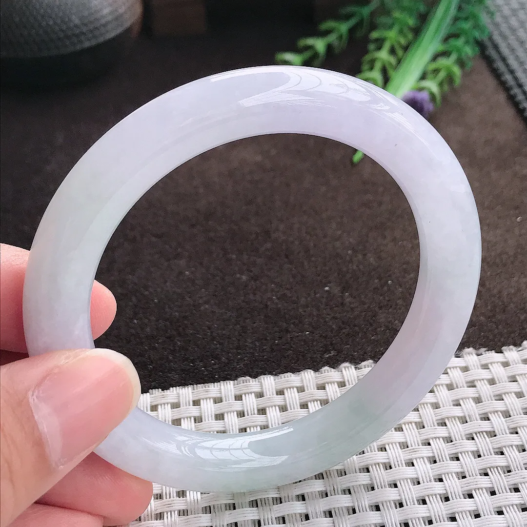 天然a货翡翠56/9.8老坑冰润起胶浅紫色圆条手镯翡翠玉手镯