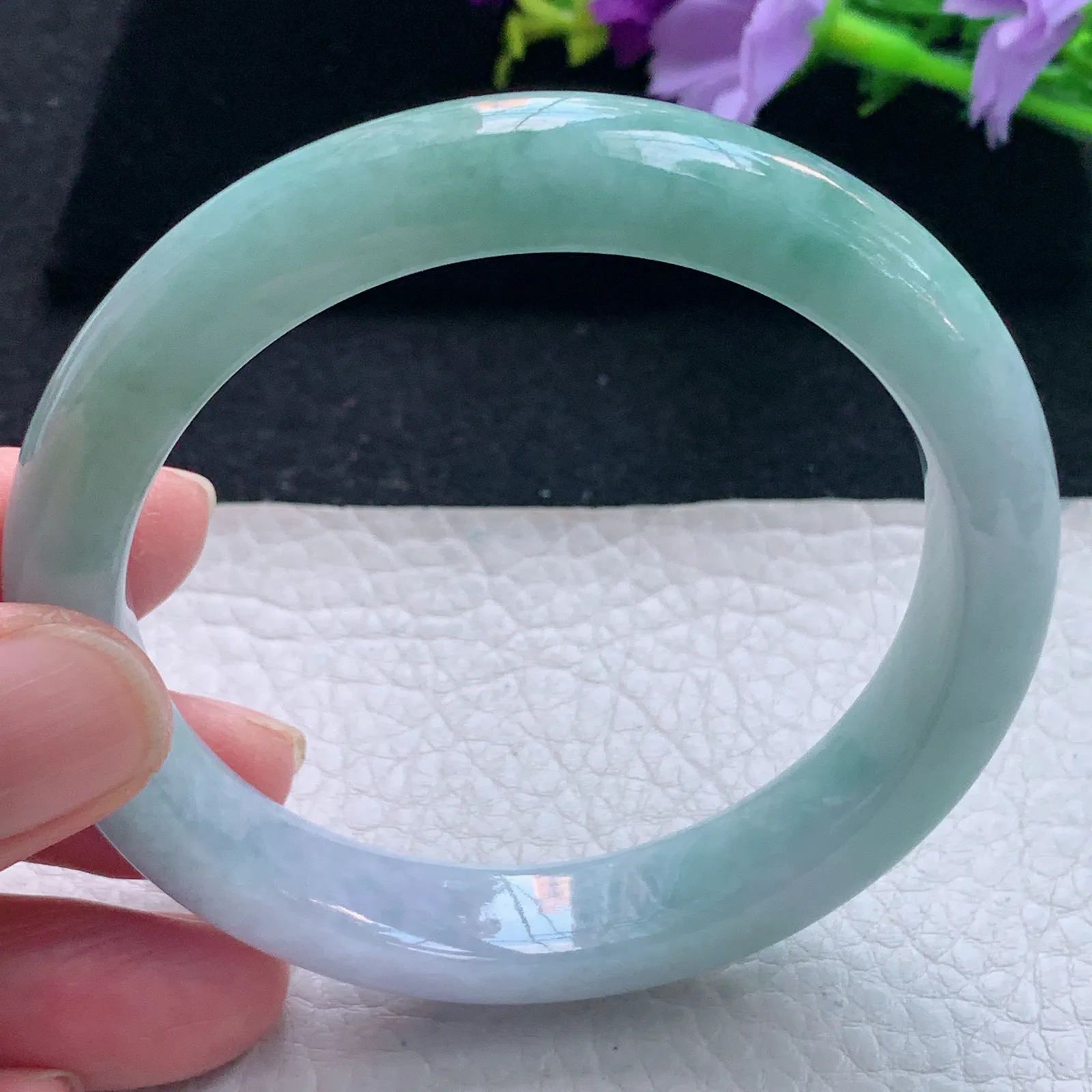 js自然光57.5*12*8.2平安镯 缅甸翡翠玉手镯飘花宽边玉手环