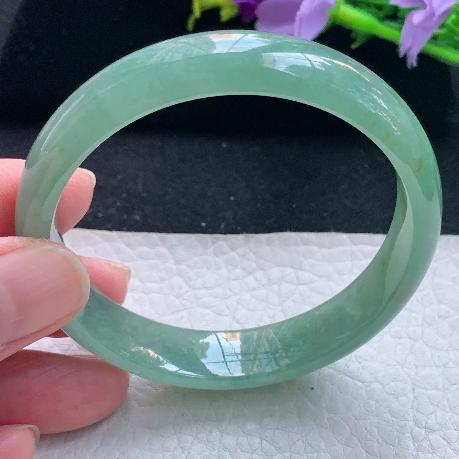 hy自然光55.5*12.2*6.3平安镯 缅甸翡翠玉手镯冰绿宽边玉手环