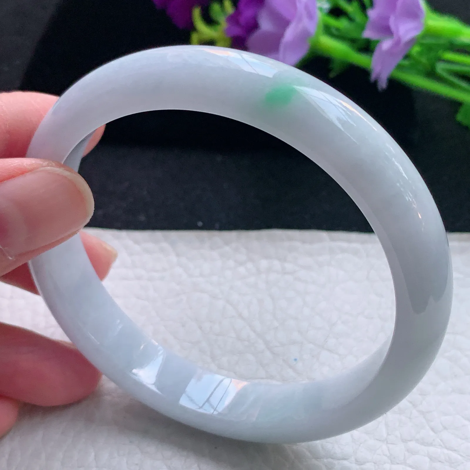 hy大圈口62*12.3*7.7平安镯 缅甸翡翠玉手镯飘绿大气宽边玉手环