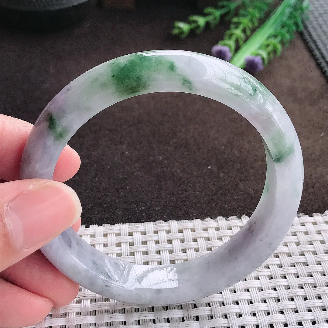 天然a货翡翠57.5/12.5/8.3老坑温润特色飘花手镯宽边翡翠玉手镯