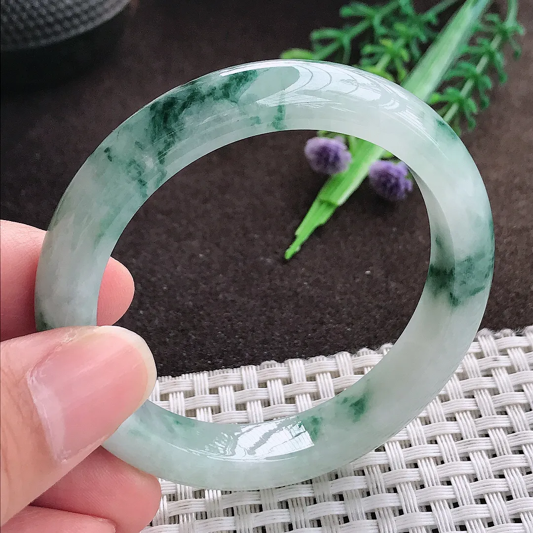 天然a货翡翠50.5/10/7.8老坑精美冰润飘花手镯小圈口宽边翡翠玉手镯