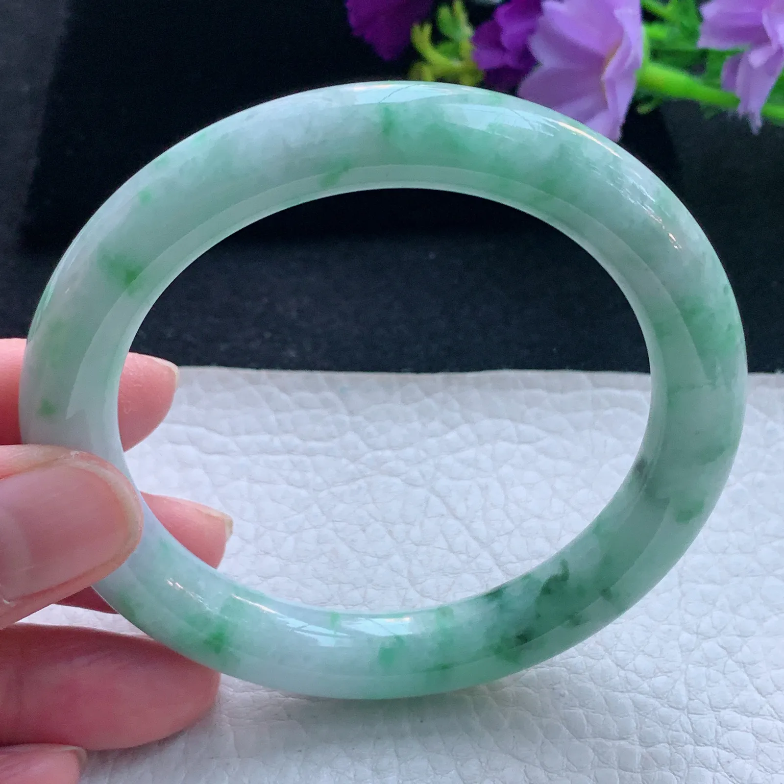 n自然光59*10.2*10.5美人镯 缅甸翡翠玉手镯飘花圆条玉手环 美人镯