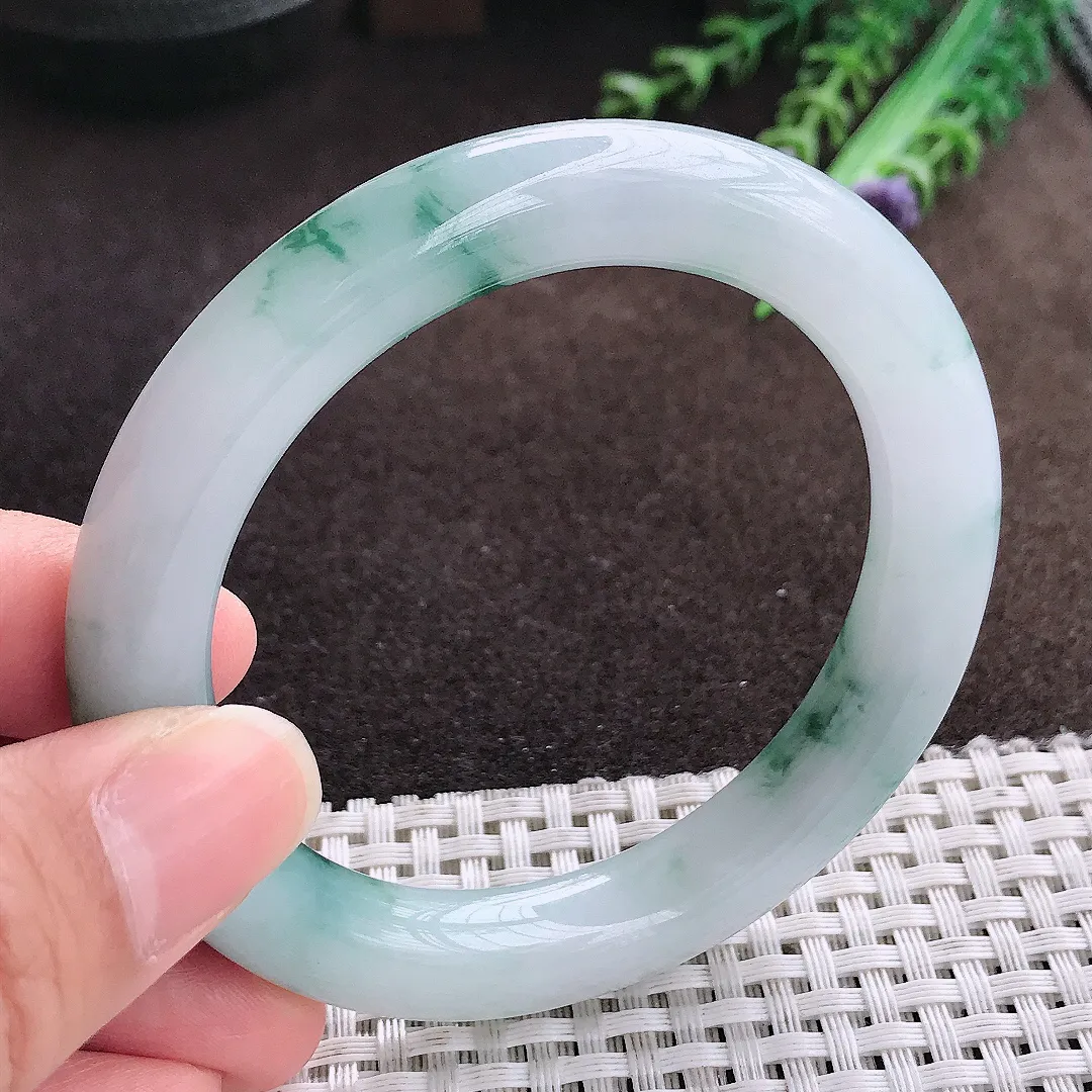 天然a货翡翠55.5/10老坑冰润起胶飘花圆条手镯翡翠玉手镯