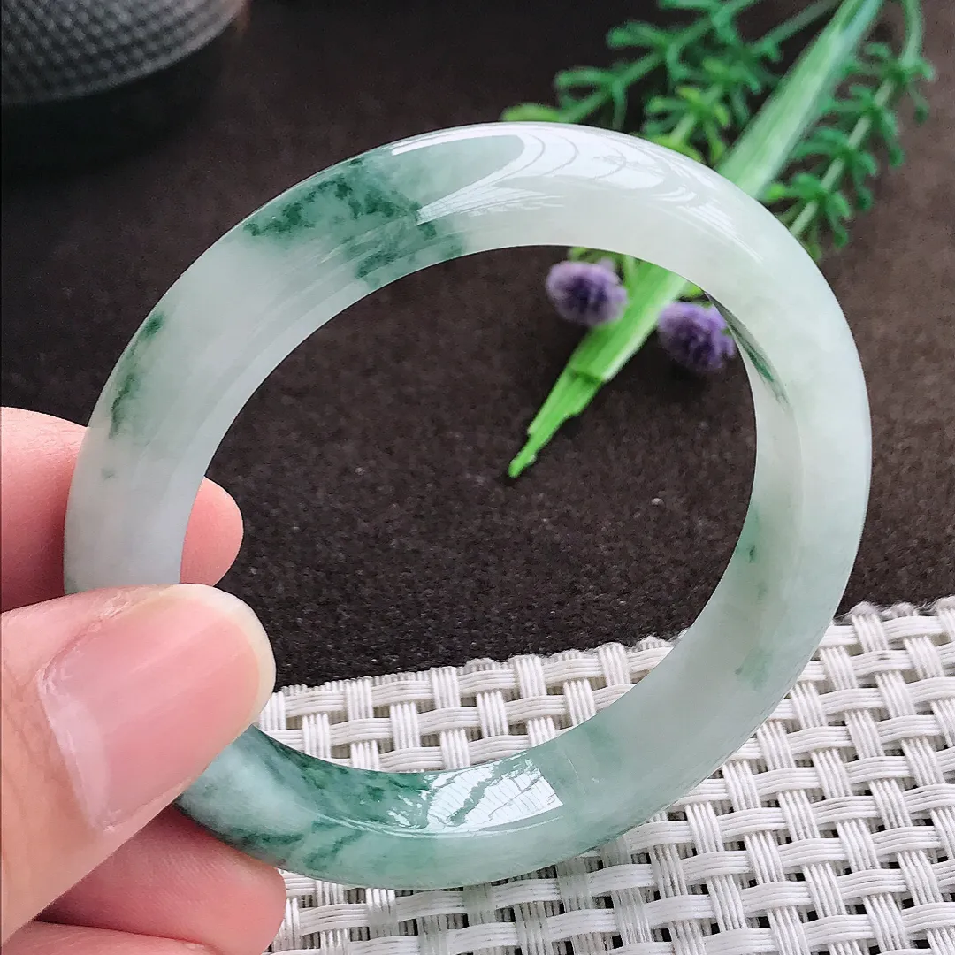 天然a货翡翠50.5/10/7.8老坑精美冰润飘花手镯小圈口宽边翡翠玉手镯