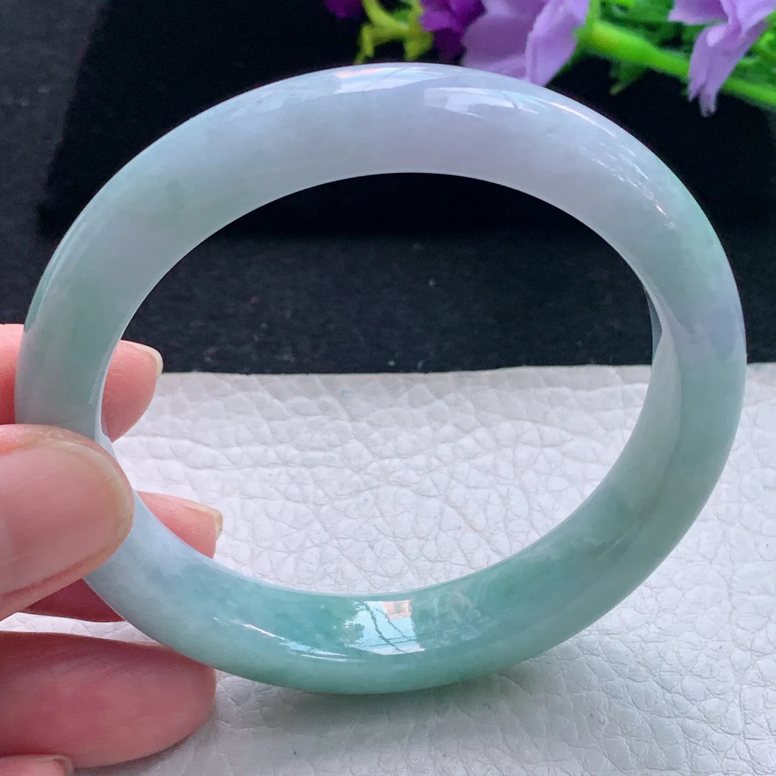 js自然光57.5*12*8.2平安镯 缅甸翡翠玉手镯飘花宽边玉手环