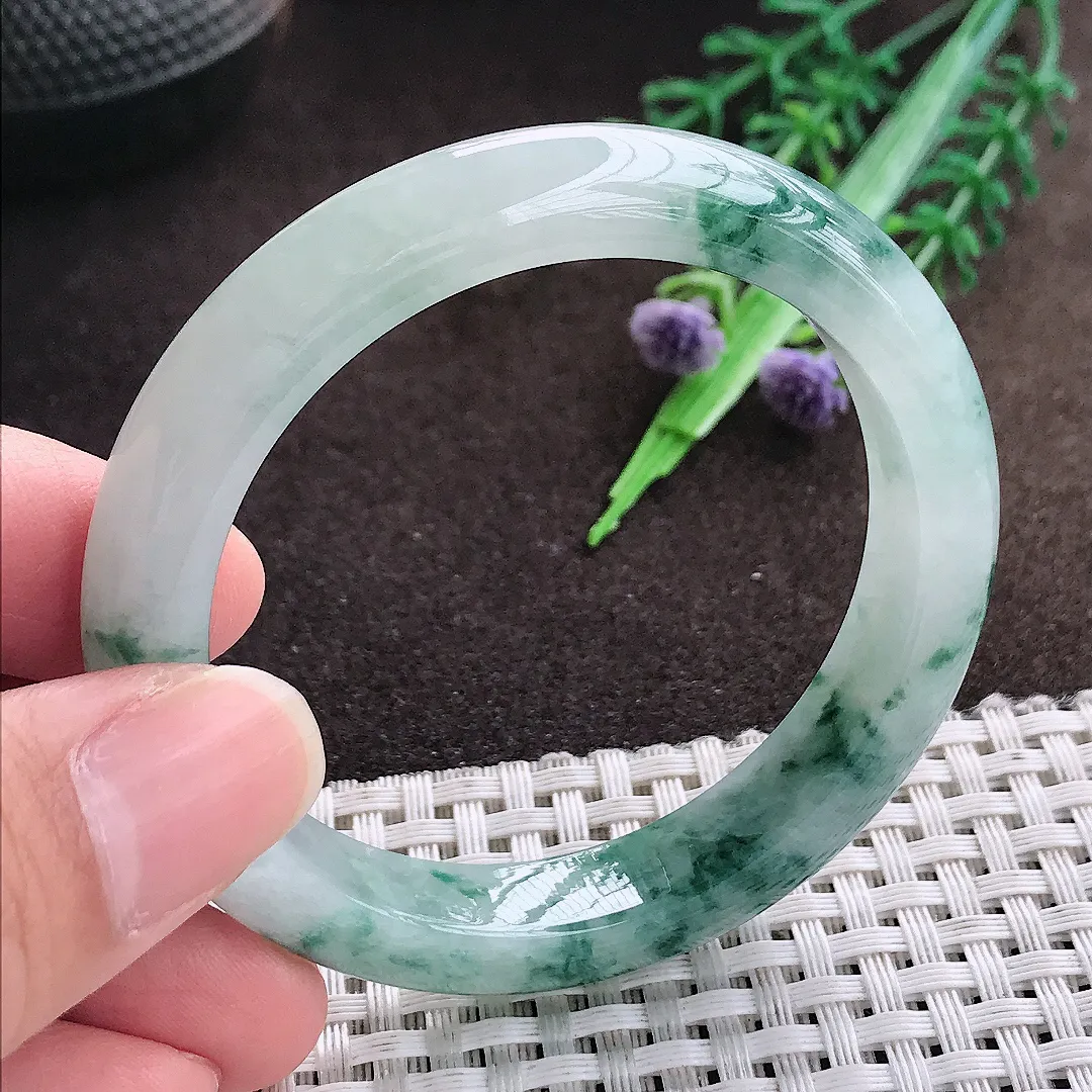 天然a货翡翠50.5/10/7.8老坑精美冰润飘花手镯小圈口宽边翡翠玉手镯