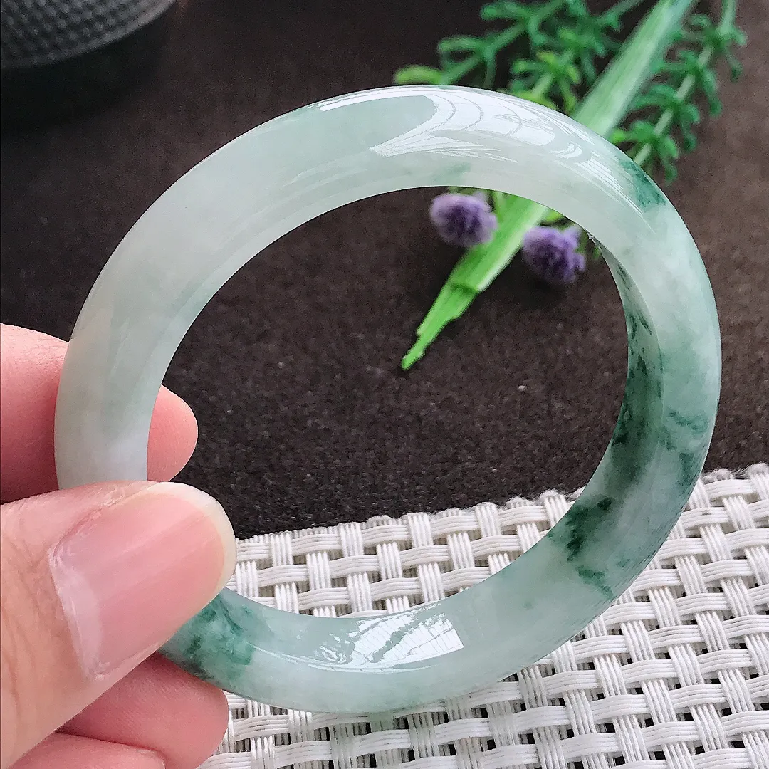 天然a货翡翠50.5/10/7.8老坑精美冰润飘花手镯小圈口宽边翡翠玉手镯