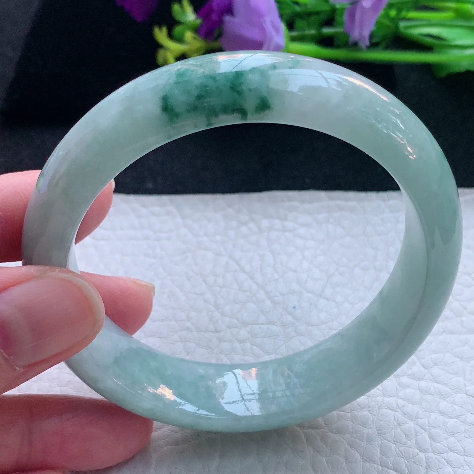 js自然光58.5*15.8*8.5轮胎镯 缅甸翡翠玉手镯飘花大气宽边玉手环