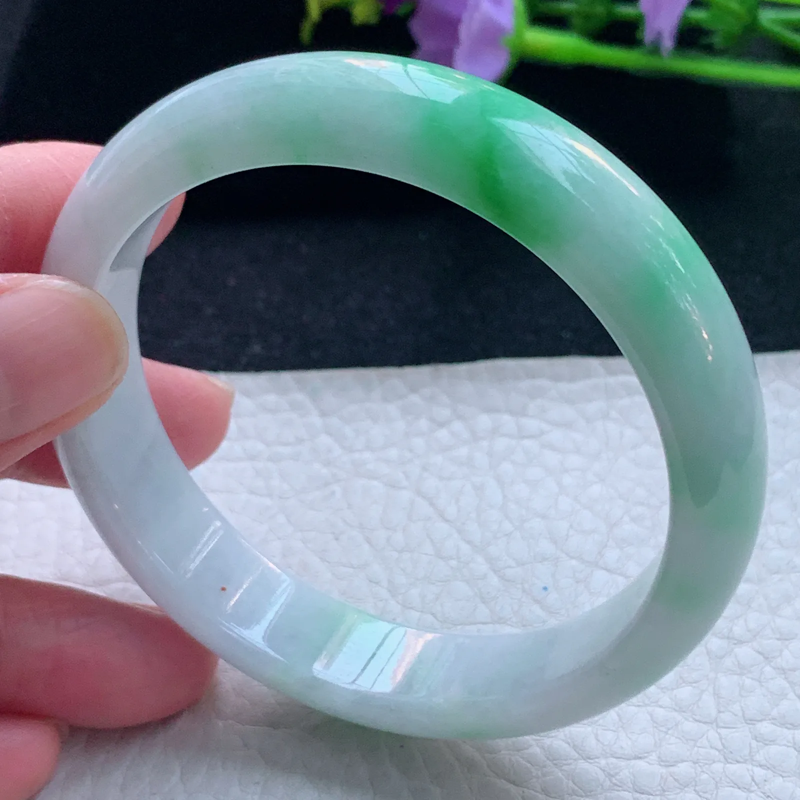 yh自然光57.5*13.5*7.3平安镯 缅甸翡翠玉手镯飘阳绿宽边玉手环