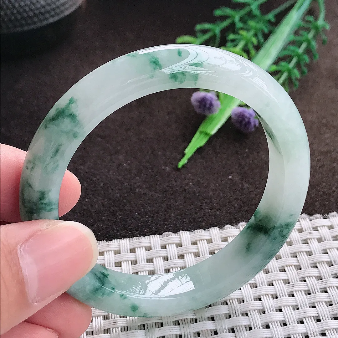 天然a货翡翠50.5/10/7.8老坑精美冰润飘花手镯小圈口宽边翡翠玉手镯