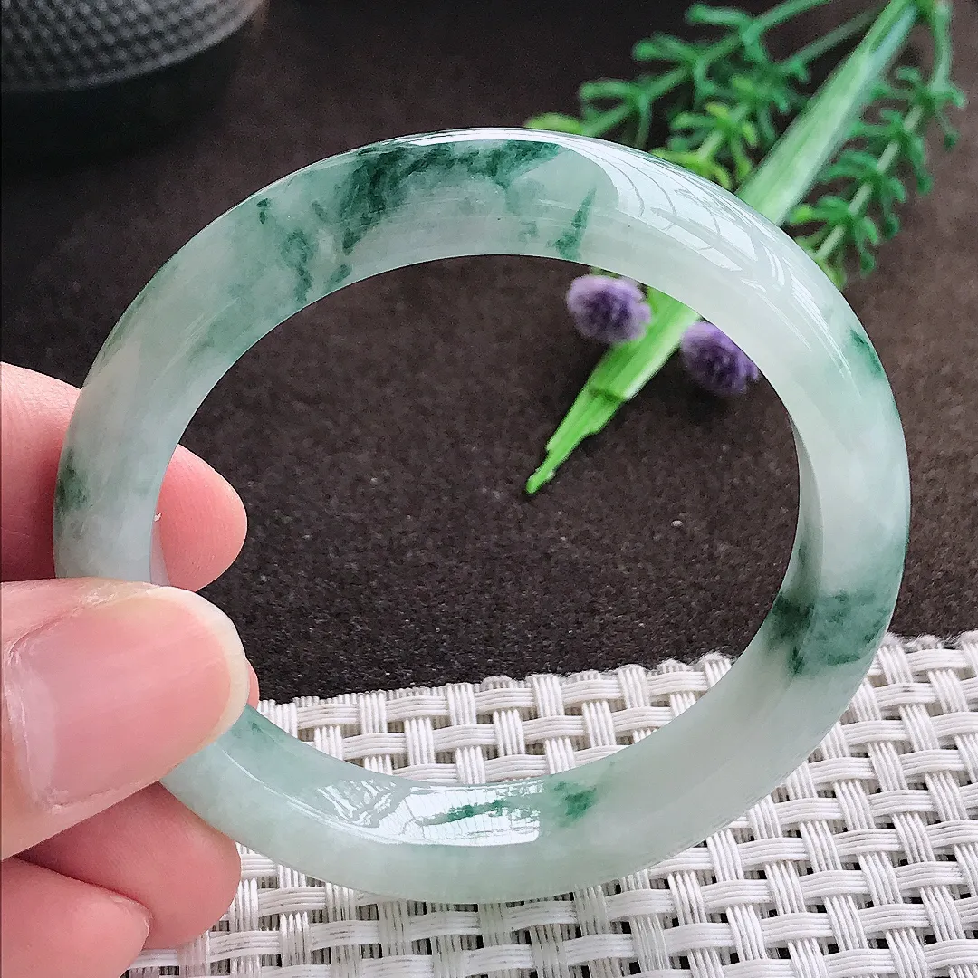 天然a货翡翠50.5/10/7.8老坑精美冰润飘花手镯小圈口宽边翡翠玉手镯