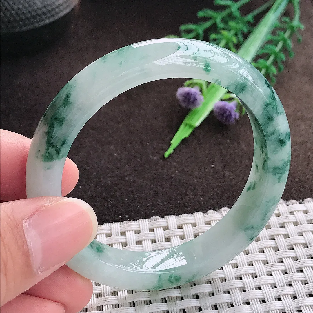 天然a货翡翠50.5/10/7.8老坑精美冰润飘花手镯小圈口宽边翡翠玉手镯