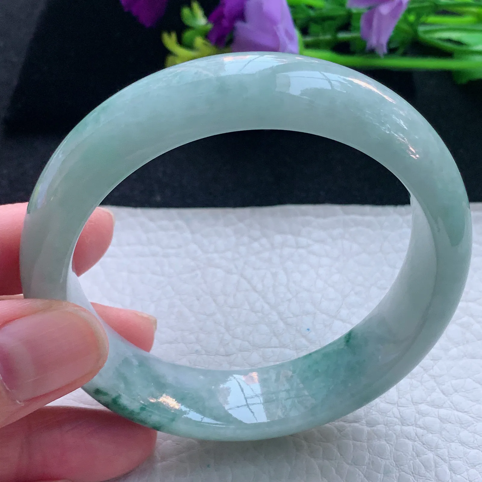js自然光58.5*15.8*8.5轮胎镯 缅甸翡翠玉手镯飘花大气宽边玉手环