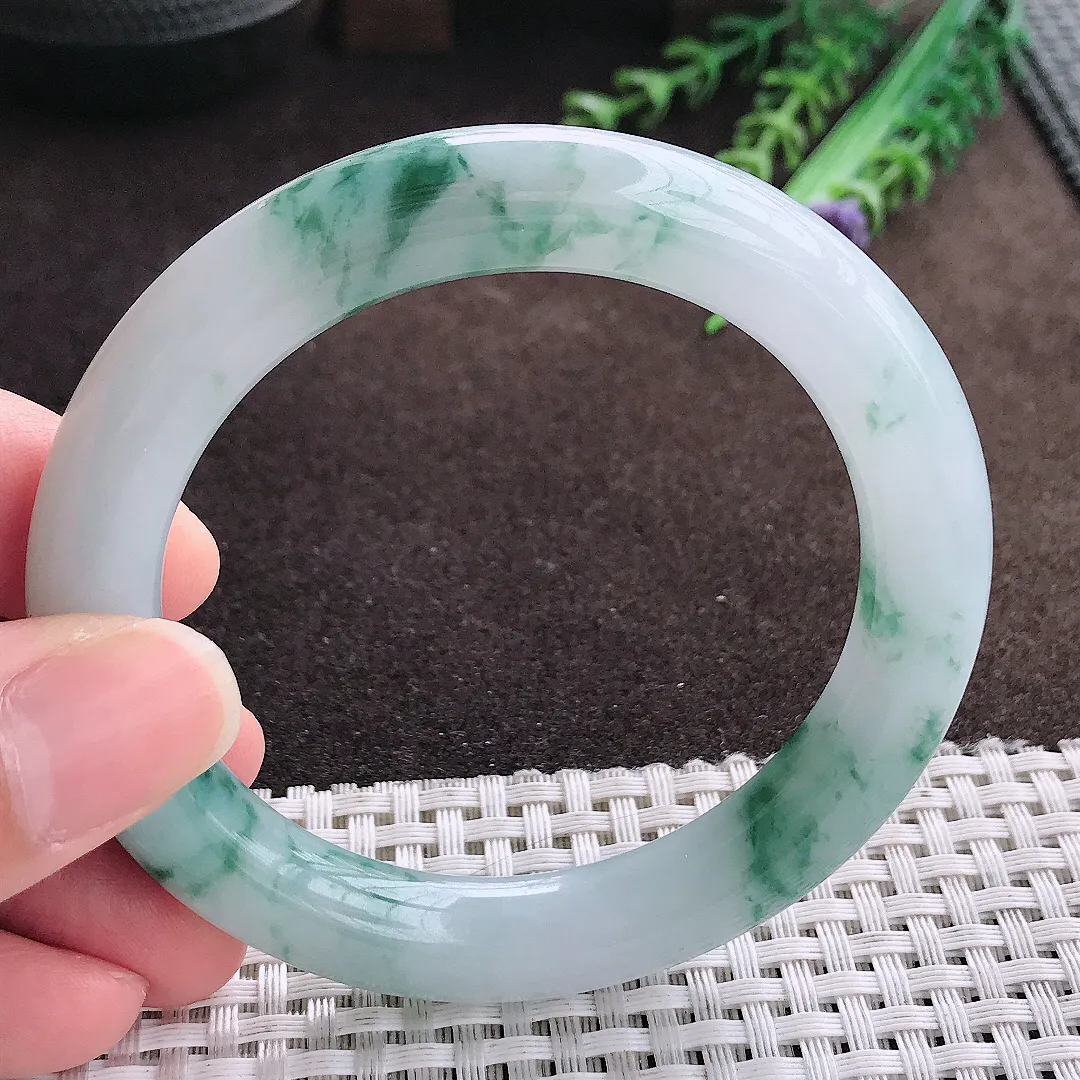 天然a货翡翠55.5/10老坑冰润起胶飘花圆条手镯翡翠玉手镯