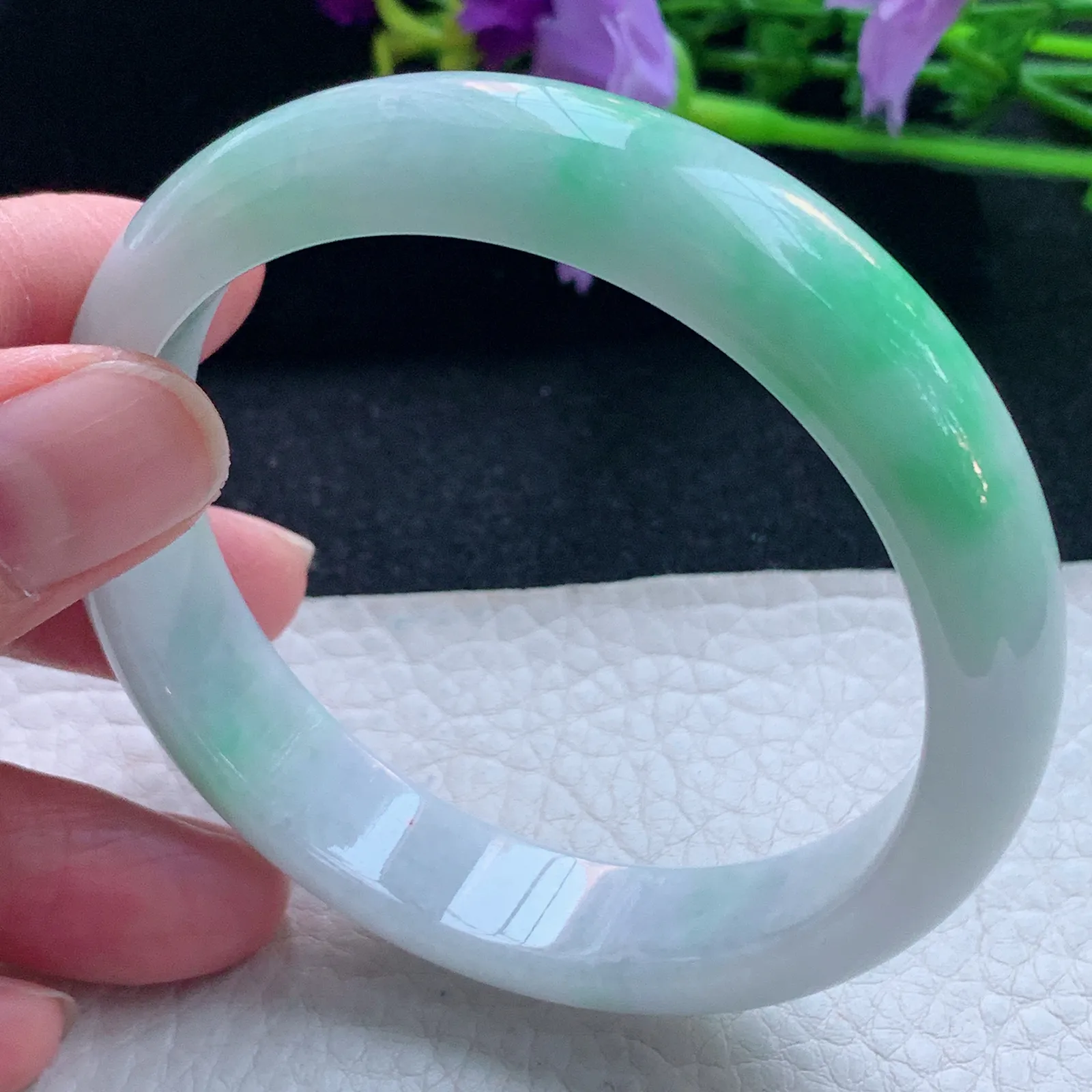 yh自然光57.5*13.5*7.3平安镯 缅甸翡翠玉手镯飘阳绿宽边玉手环