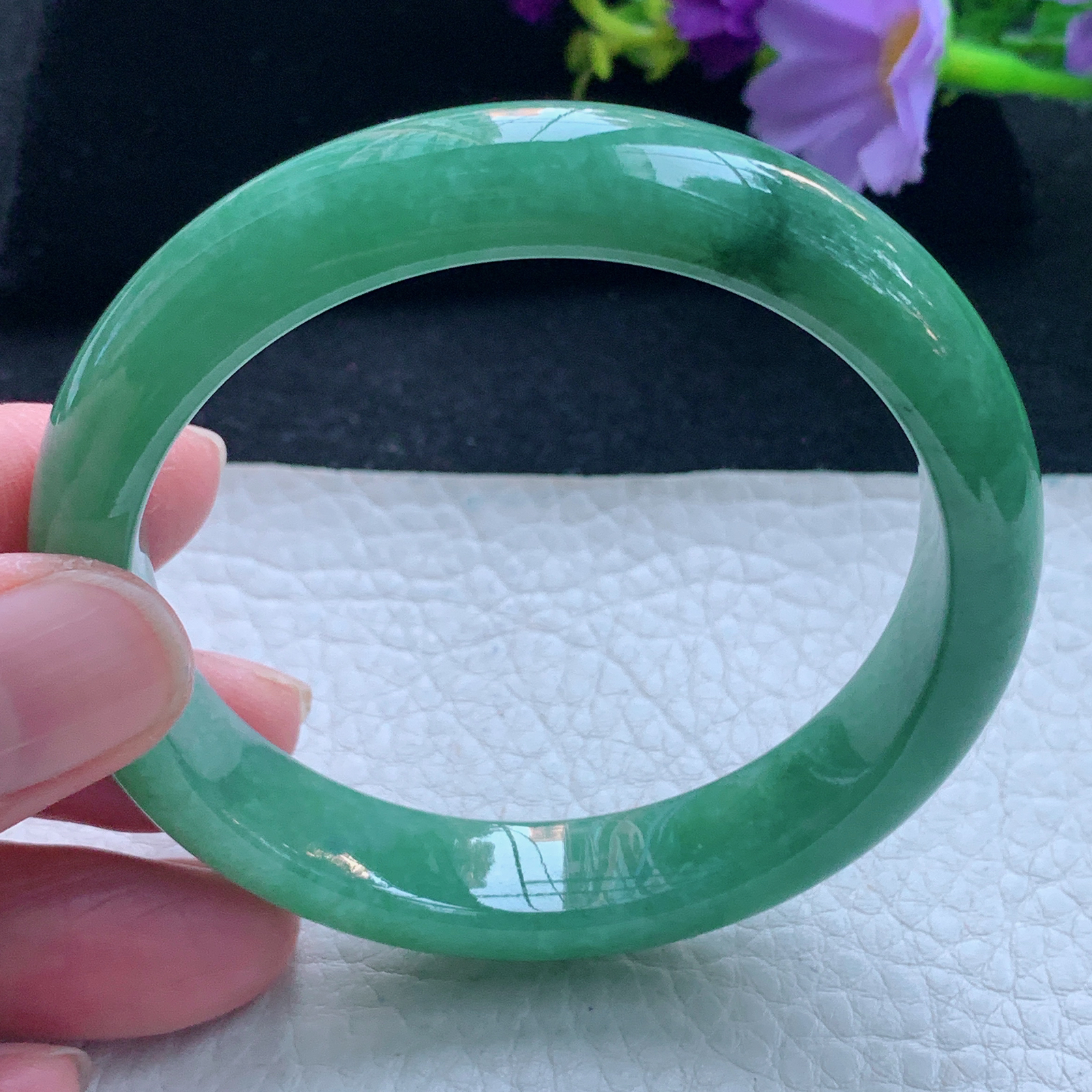 n自然光54.5*12*7.6平安镯 缅甸翡翠玉手镯满绿宽边玉手环 美人镯