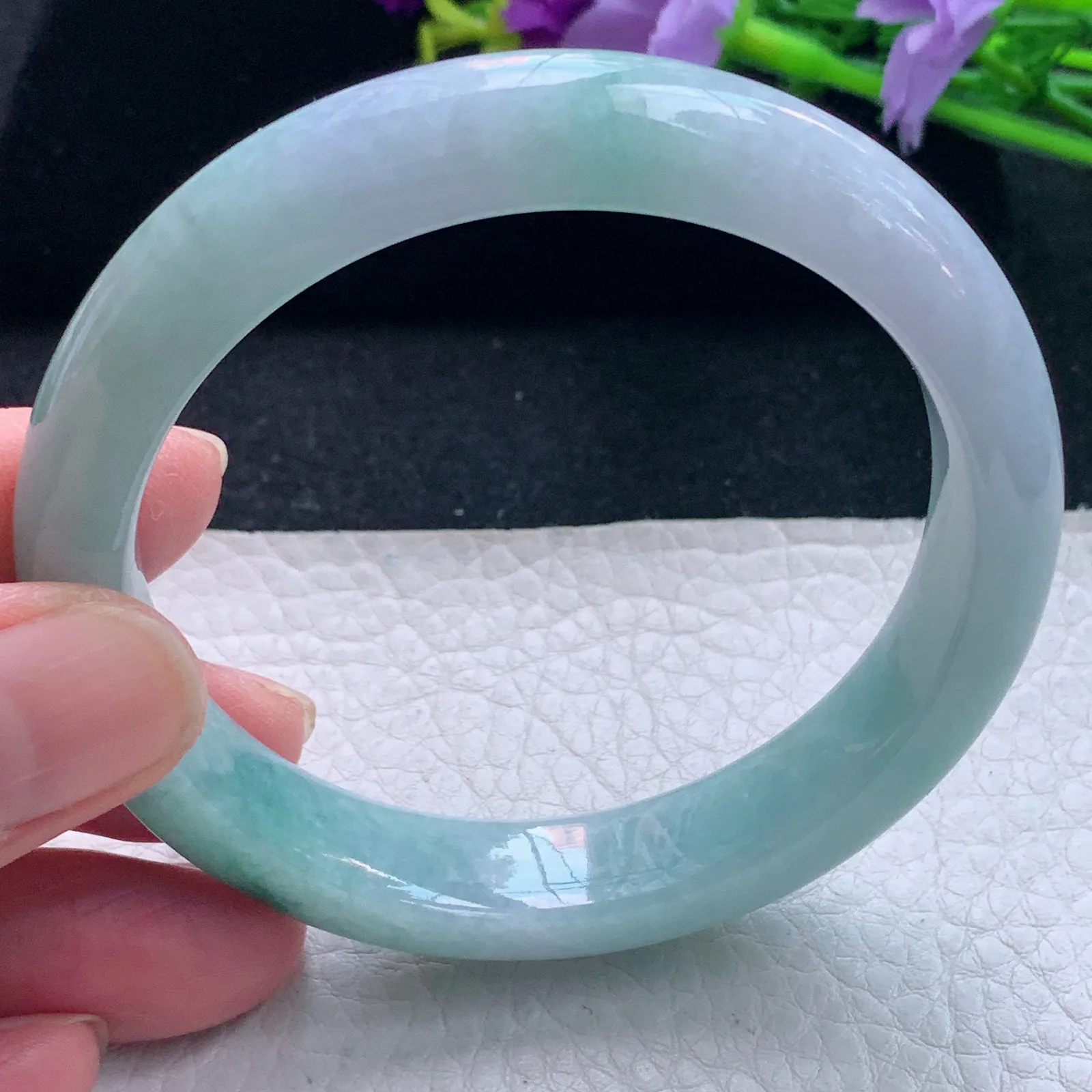 js自然光57.5*12*8.2平安镯 缅甸翡翠玉手镯飘花宽边玉手环