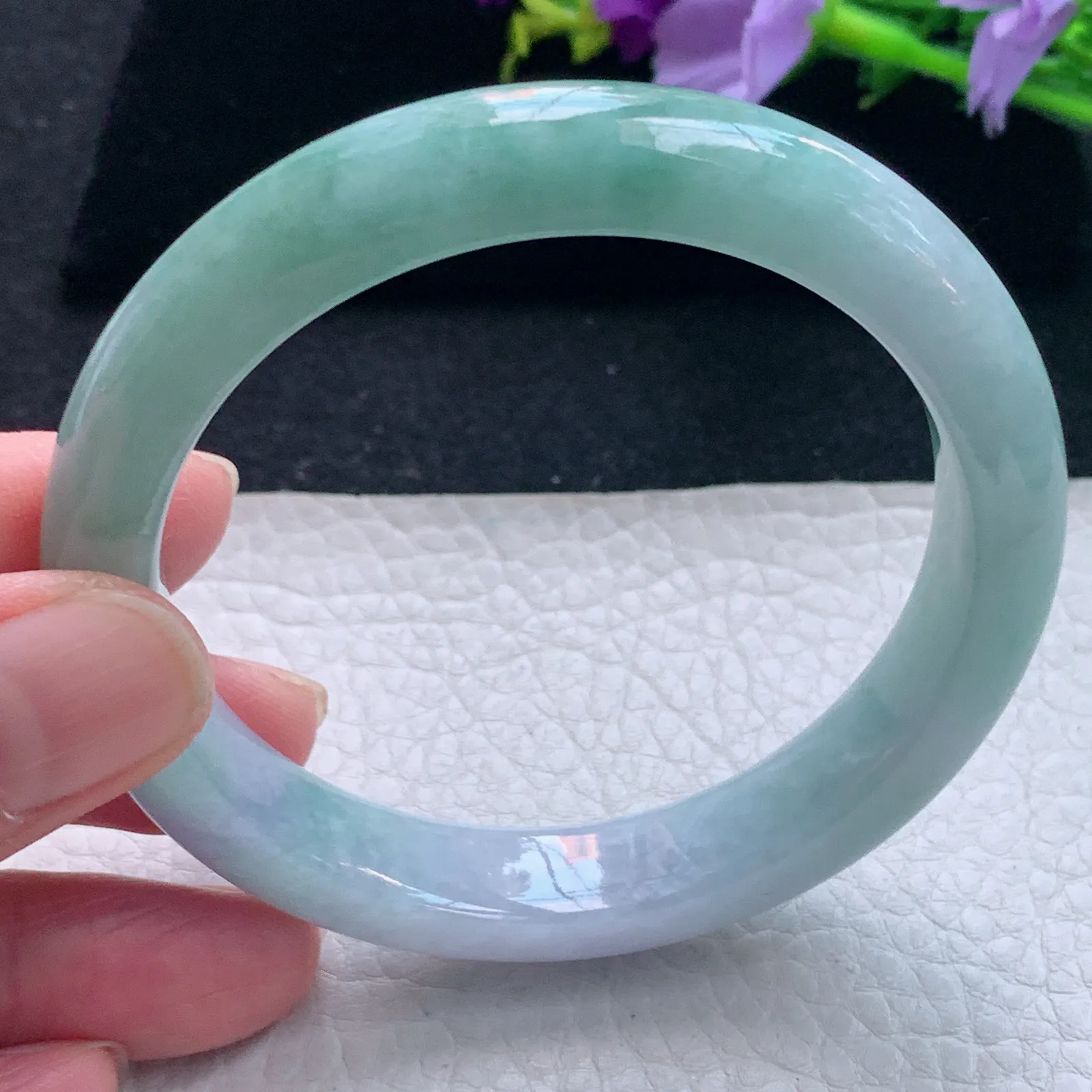 js自然光57.5*12*8.2平安镯 缅甸翡翠玉手镯飘花宽边玉手环