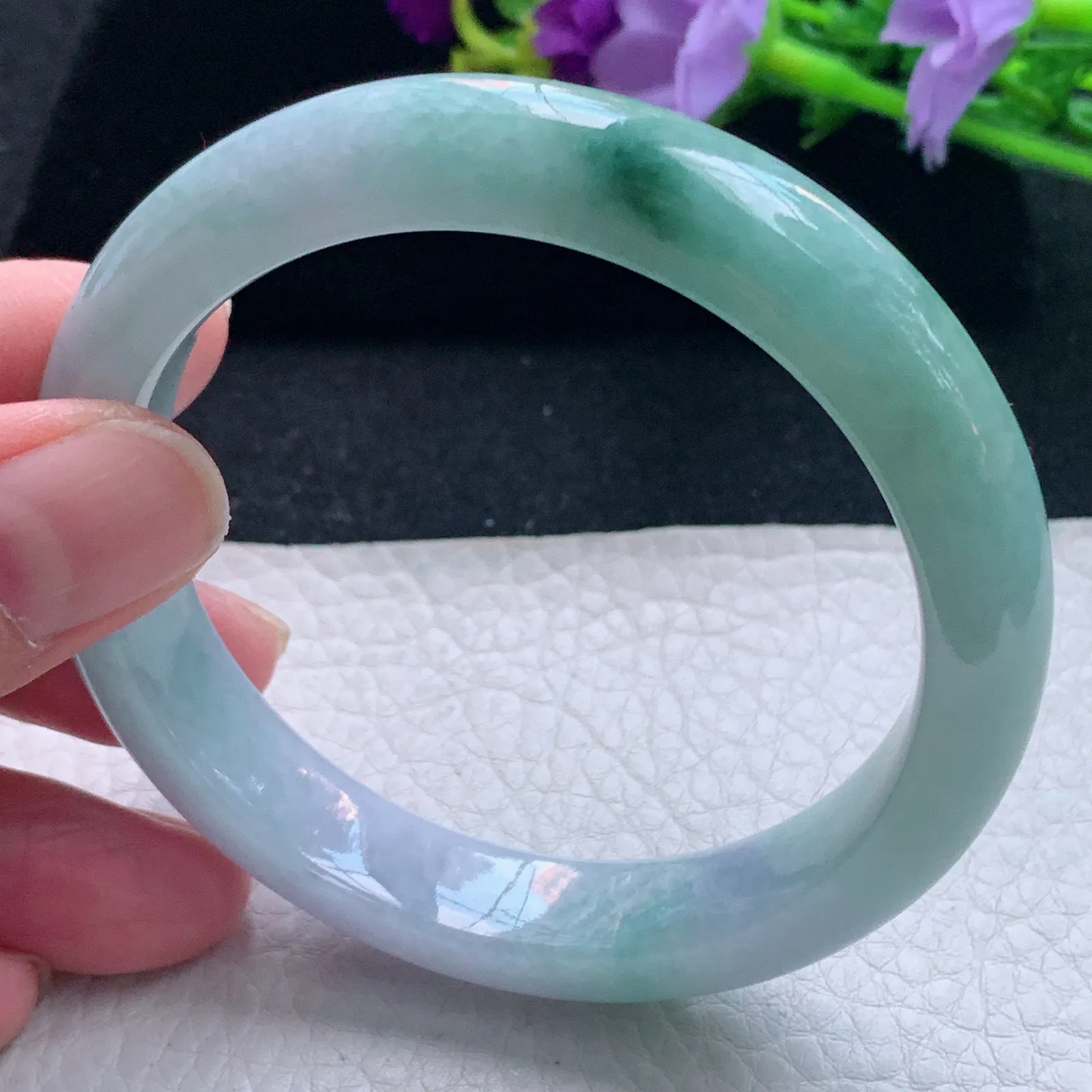 js自然光57.5*12*8.2平安镯 缅甸翡翠玉手镯飘花宽边玉手环