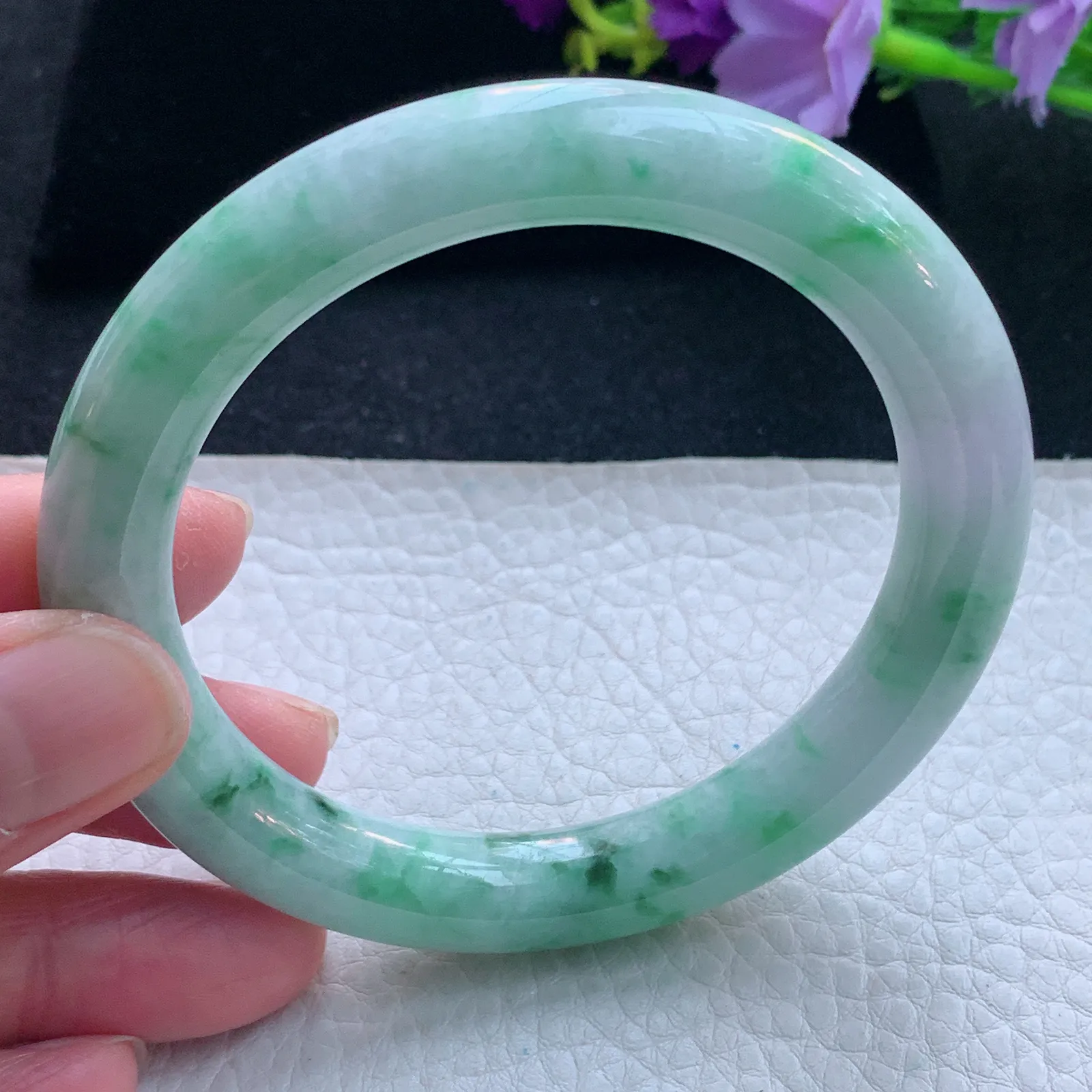 n自然光59*10.2*10.5美人镯 缅甸翡翠玉手镯飘花圆条玉手环 美人镯