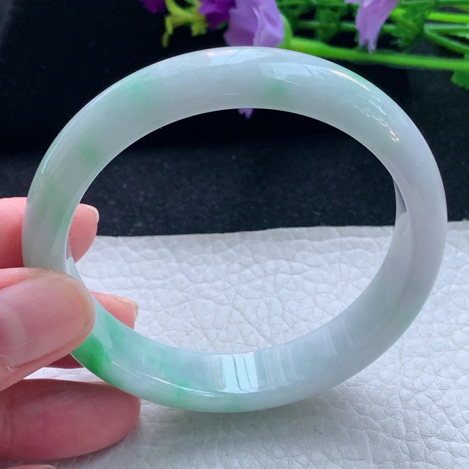 yh自然光57.5*13.5*7.3平安镯 缅甸翡翠玉手镯飘阳绿宽边玉手环