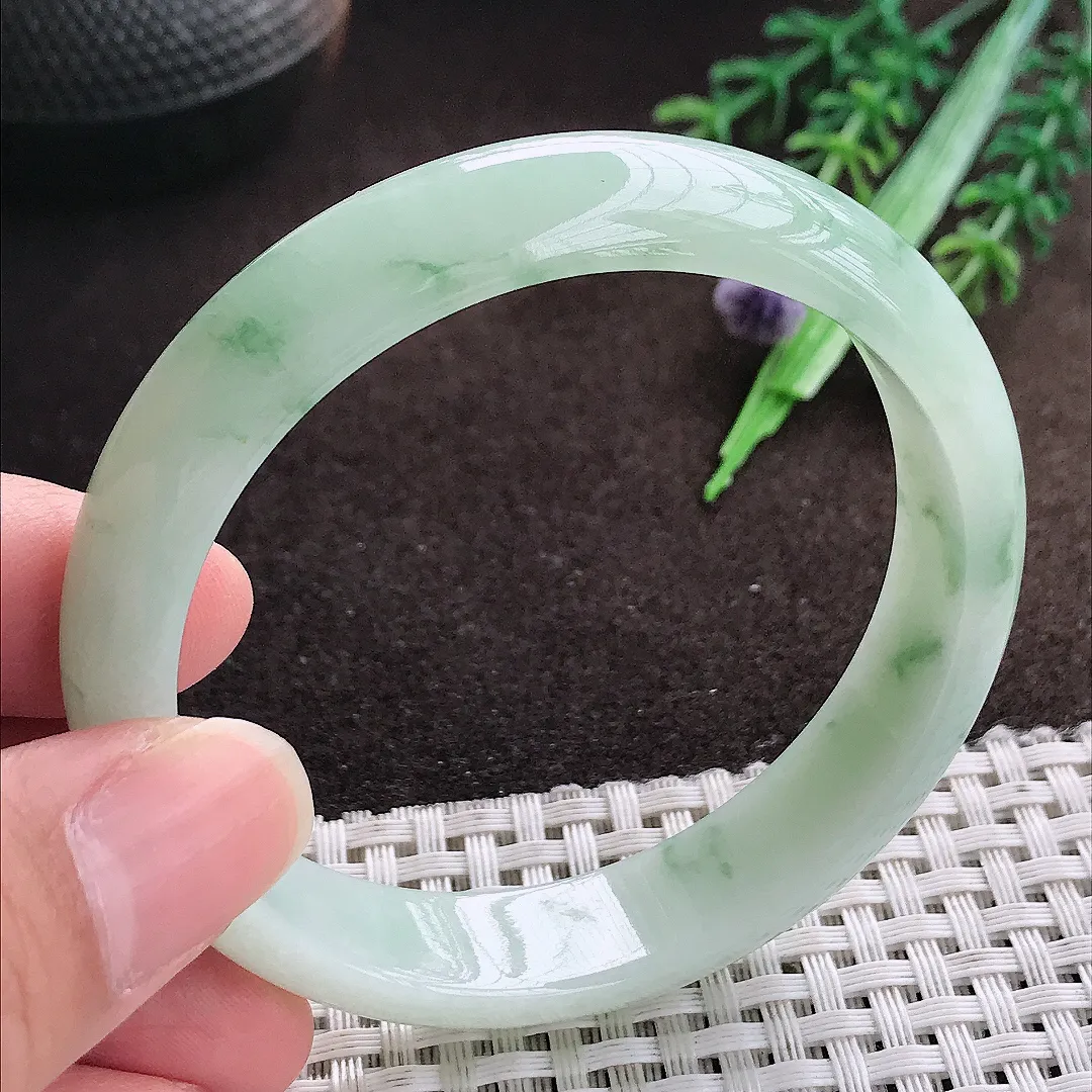 天然a货翡翠55.8/12.8/6.6老坑精美温润飘花手镯宽边翡翠玉手镯