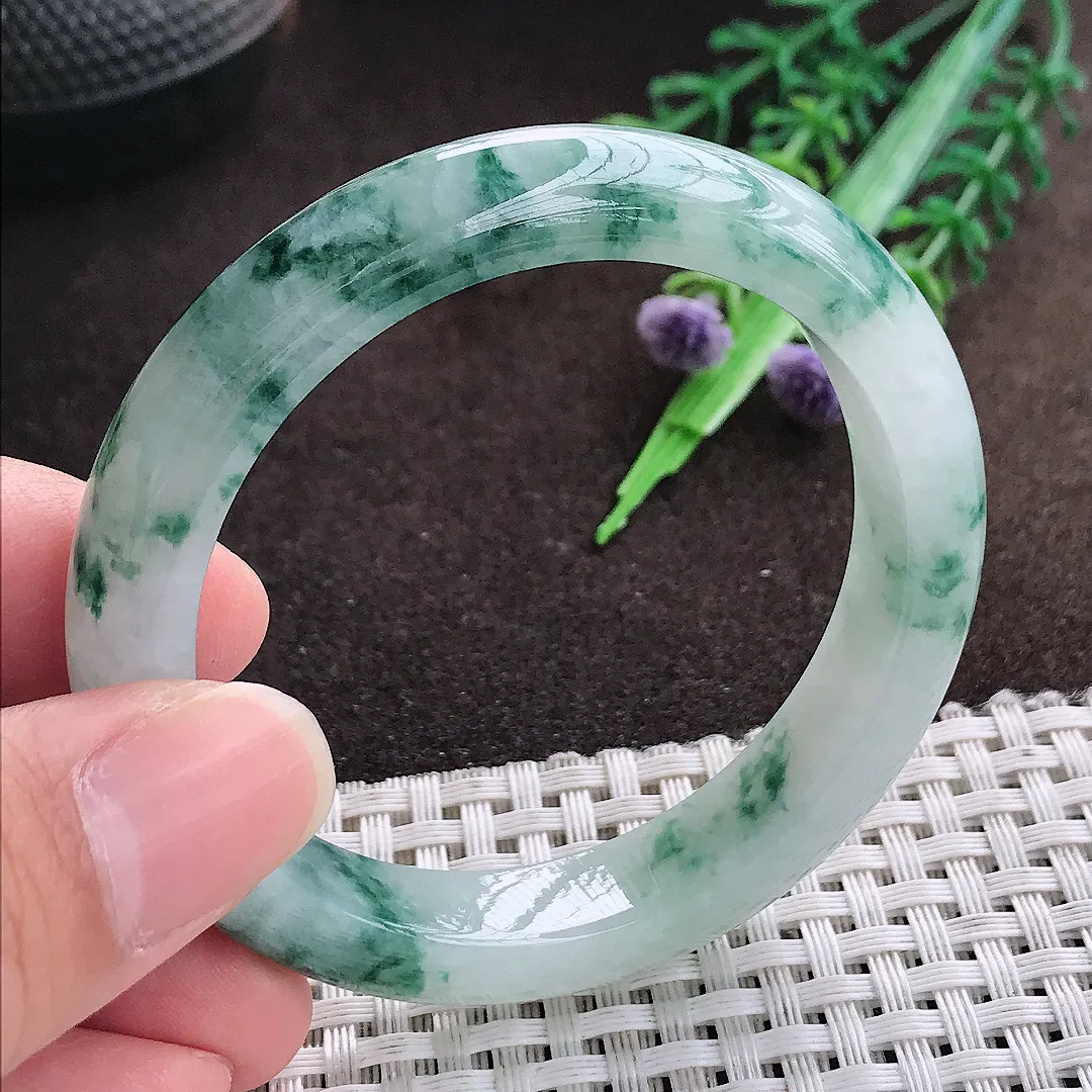 天然a货翡翠50.5/10/7.8老坑精美冰润飘花手镯小圈口宽边翡翠玉手镯